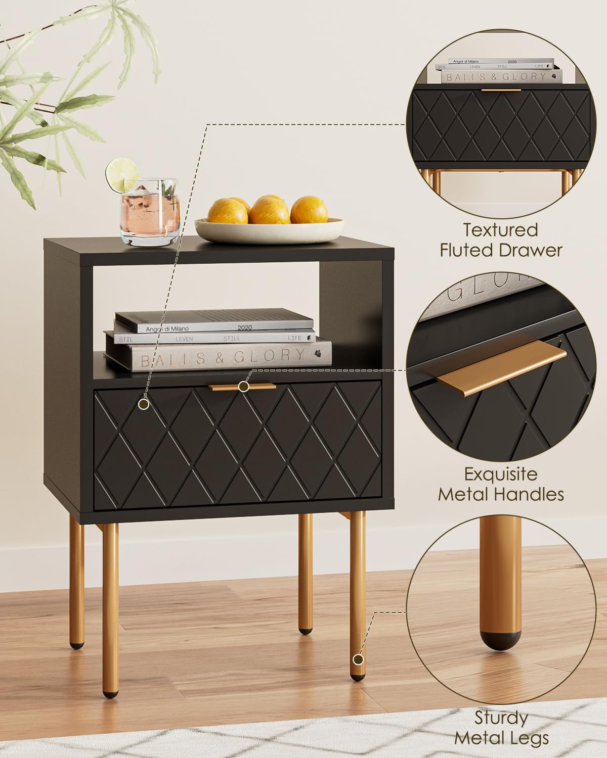 Nightstand,Morden Bedside Table with Gold Frame,Small White Night Stand,End Table,Bedside Furniture,Side Table with Drawer and Shelf for Bedroom,Living Room (1Drawer, Black-Square)