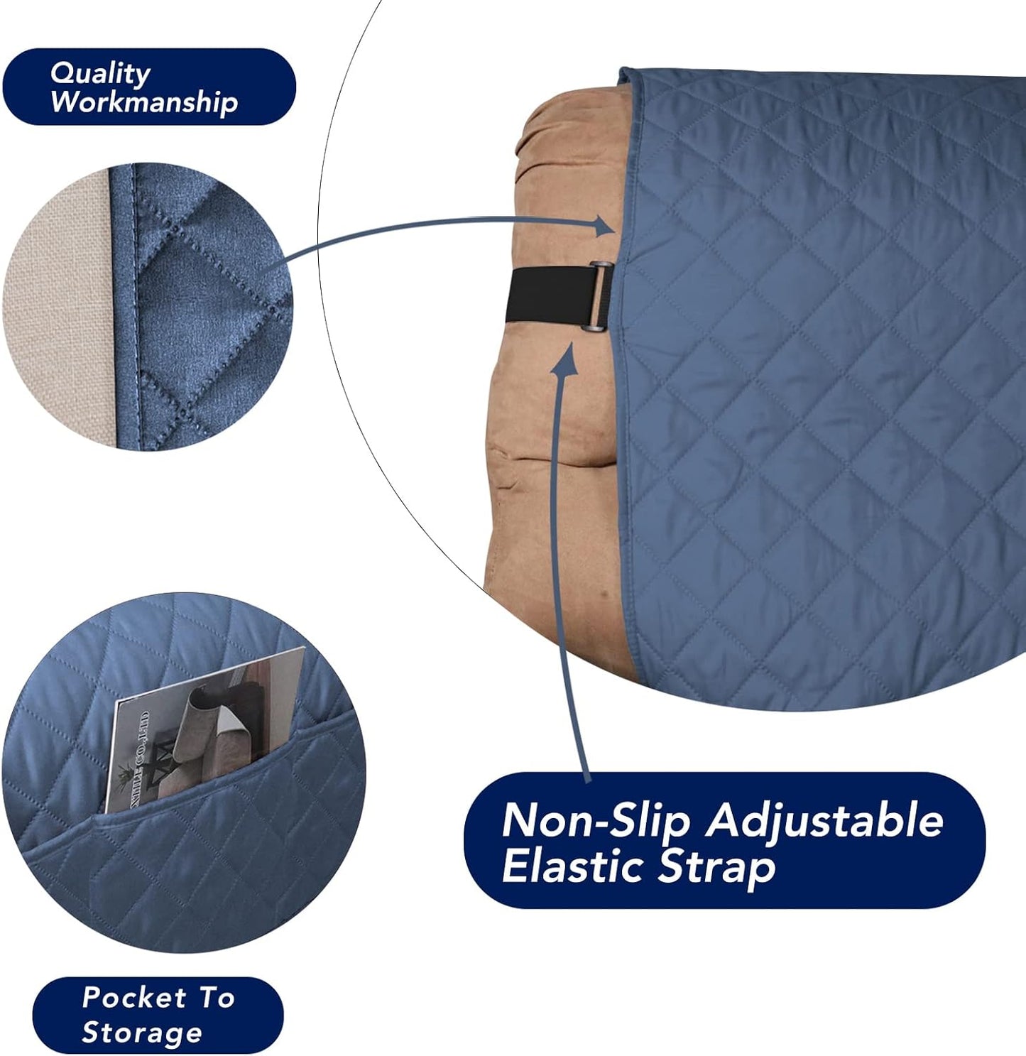 PureFit Reversible Sofa Cover Water Resistant Recliner Couch Cover, Machine Washable Furniture Cover with Adjustable Strap for Dogs, Pets (Recliner, Dark Blue/Light Blue)