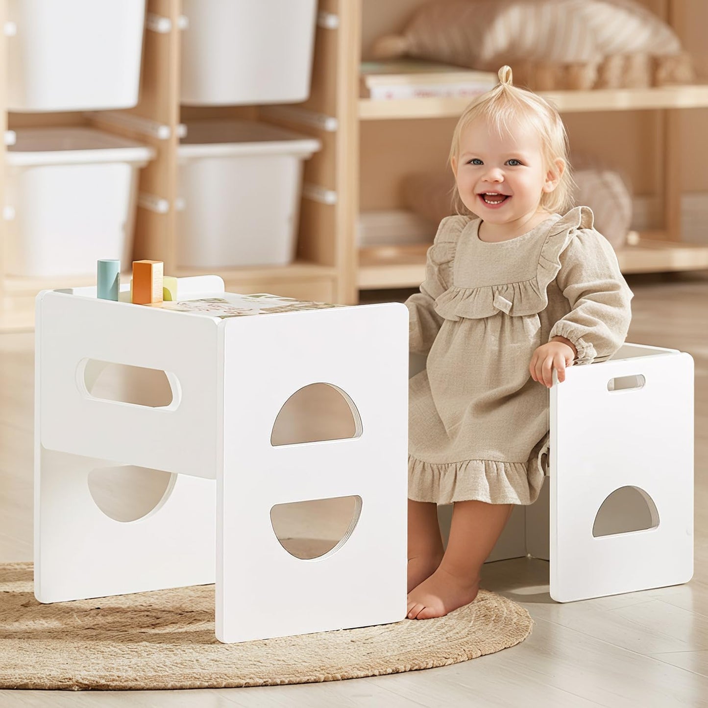 FUNLIO Height Adjustable Montessori Table and Chair Set for Age 1-3, Solid Wood Toddler Table and Chair Set, Weaning Baby Table Chair Set for Reading/Eating/Playing, Easy to Assemble - White