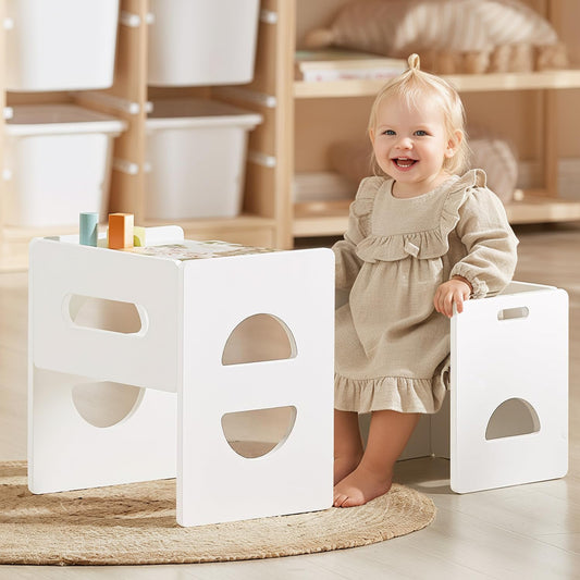 FUNLIO Height Adjustable Montessori Table and Chair Set for Age 1-3, Solid Wood Toddler Table and Chair Set, Weaning Baby Table Chair Set for Reading/Eating/Playing, Easy to Assemble - White