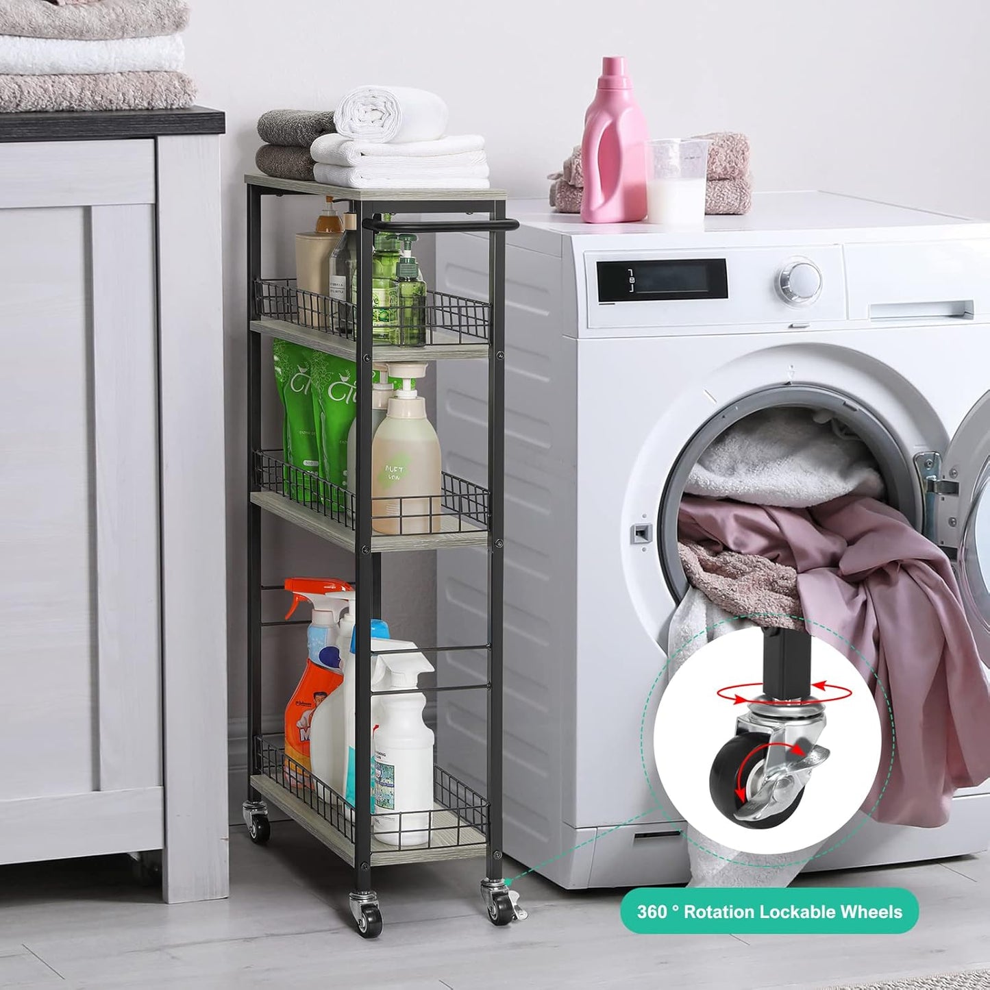 YBING Slim Storage Cart 4 Tier Narrow Rolling Cart on Wheels Mobile Kitchen Narrow Cart with Wooden Tabletop Grey Slim Utility Kitchen Storage Cart with Handle for Living Room 7.3''Wide