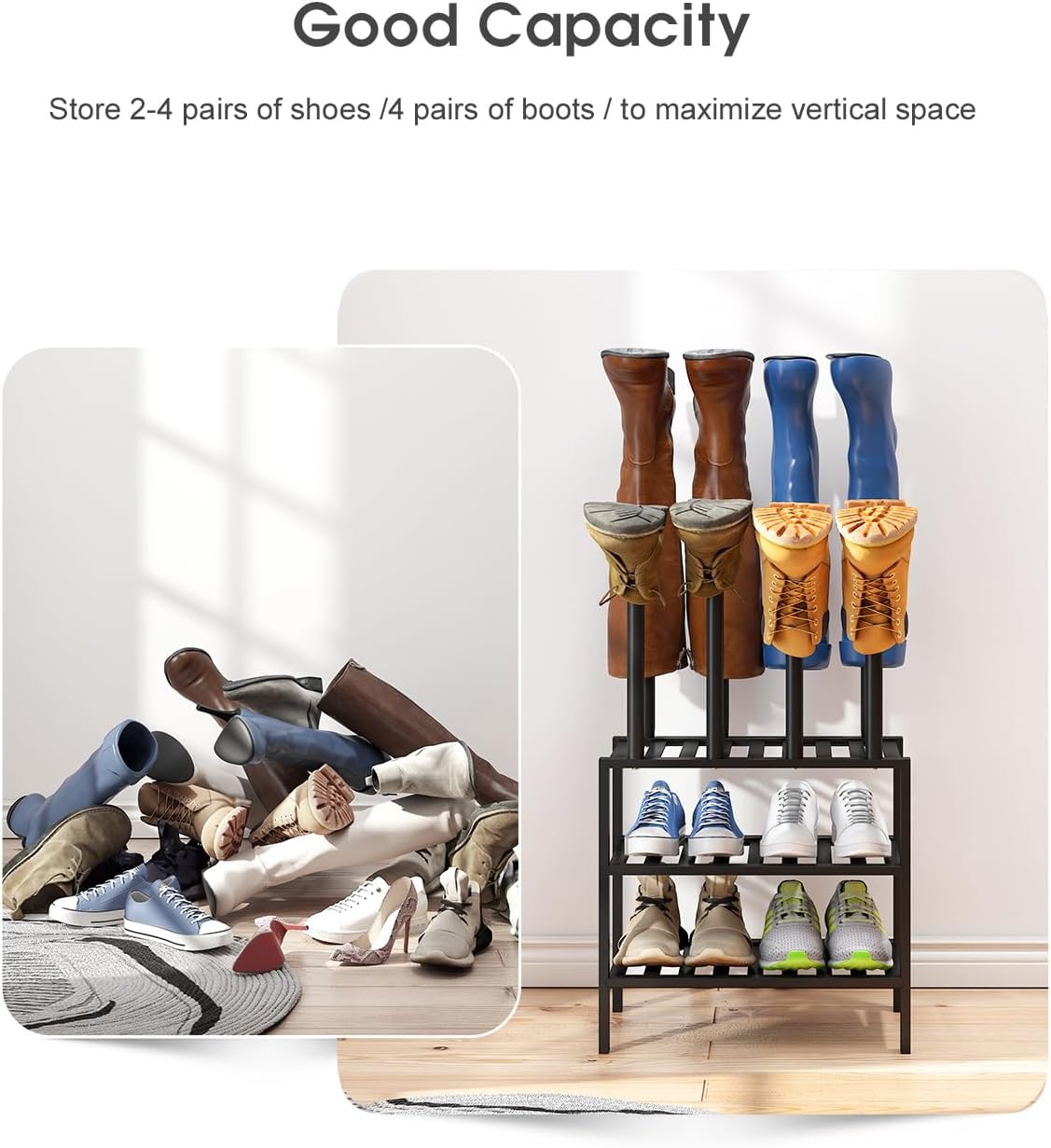 Black Boot Rack, Small Boot Rack Organizer Tall Boots with Shoe Rack for Closet, Bamboo Wood Shoe Shelf Storage Organizer for Entryway Small Space
