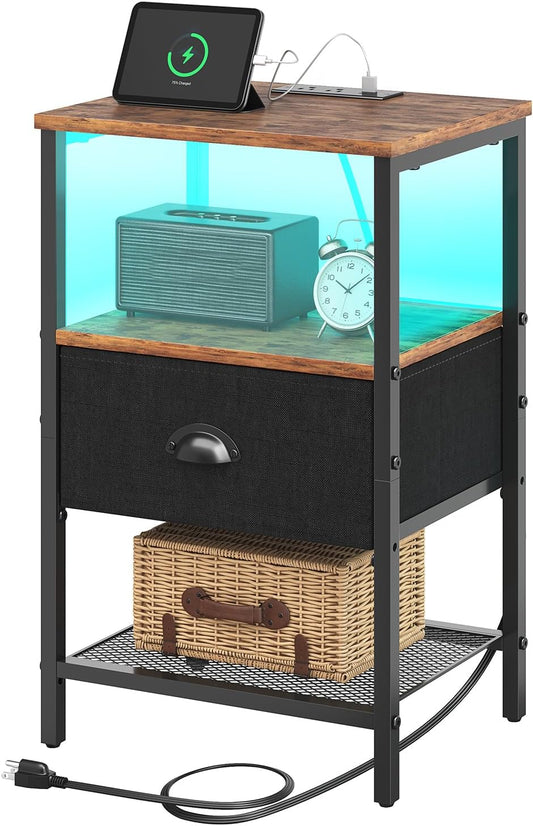 Sthmec Nightstands with Charging Station, LED Bedside Tables with Charging Station and Fabric Drawer, Night Stand with Storage, 3 Tier Side Table with Open Shelf,Nightstand Bedside Table,Rustic Brown