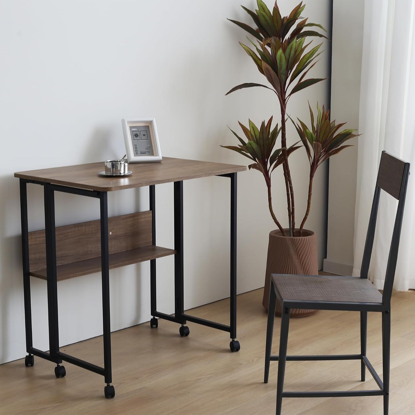 Mobile Foldable Desk w/Wheels and Feet Pads, Foldable Computer Desk, Folding Desk, Small Computer Desk for Small Spaces, Folding Table for Office Bedroom Living Room-Rustic Brown