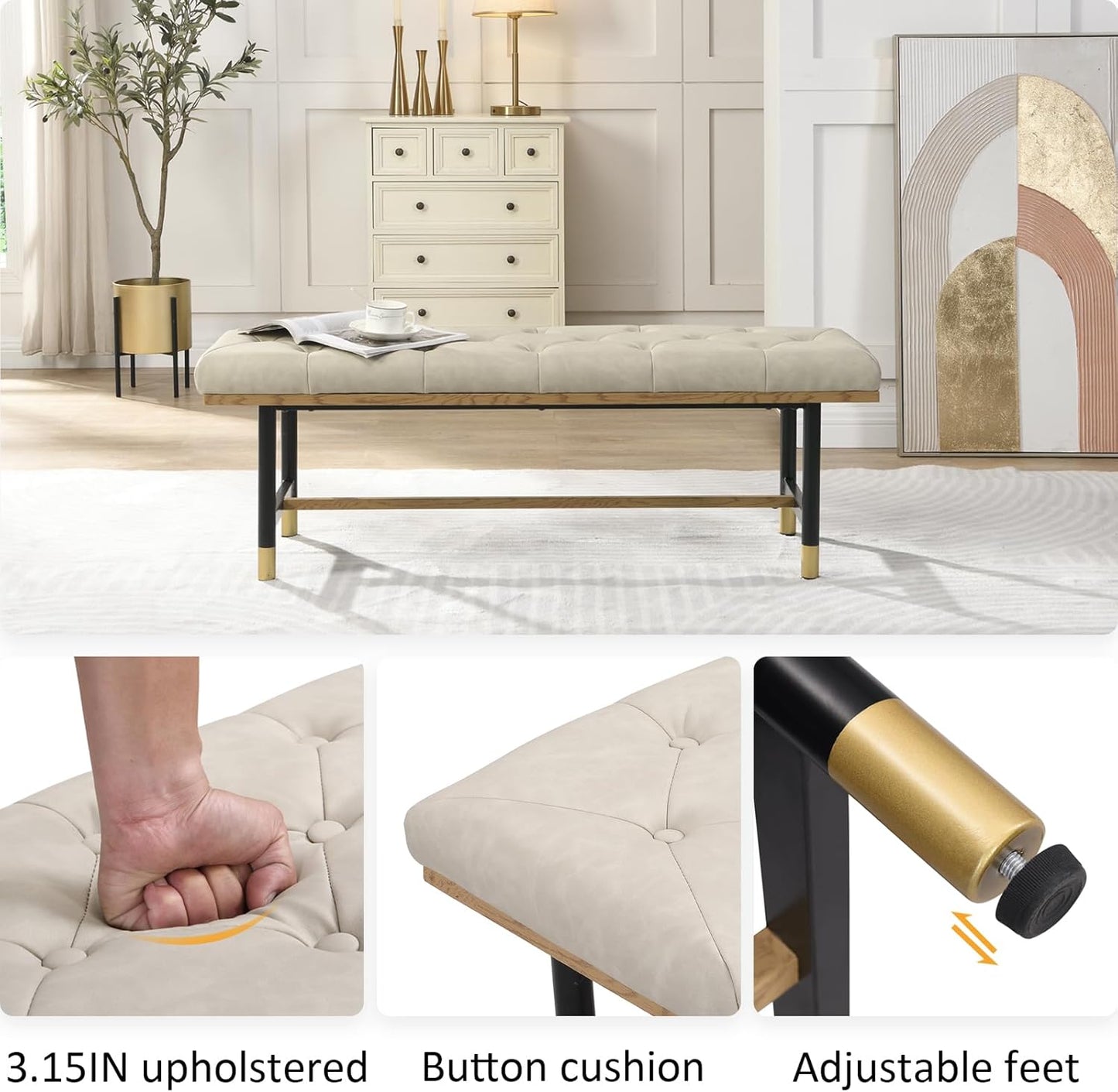 Shoe Bench Entryway, End of Bed Bench, Bench for Bedroom End of Bed, Modern Faux Leather Bench for Living Room, Entryway Bench Seat, Padded Bench with Solid Metal Shelf Gold, Beige