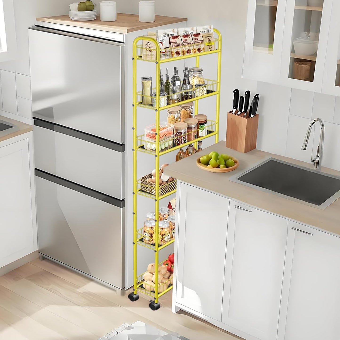 6-Tier Slim Storage Cart with Wheels,6in Narrow Rolling Shelf,Sturdy Slim Storage Ideal for Kitchen, Bathroom, and Laundry Room, Yellow