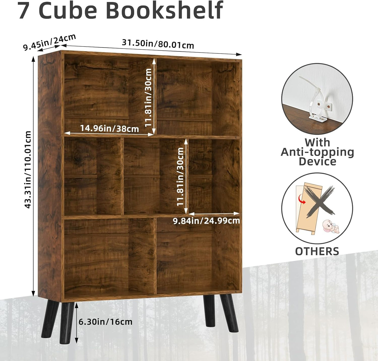 LEYAOYAO 7 Cube Bookshelf, 3 Tier Modern Bookcase with Legs, Mid-Century Modern Wood Book Shelves Storage, Rustic Brown Book Case, Freestanding Organizer Display Shelf for Bedroom,Living Room,Office