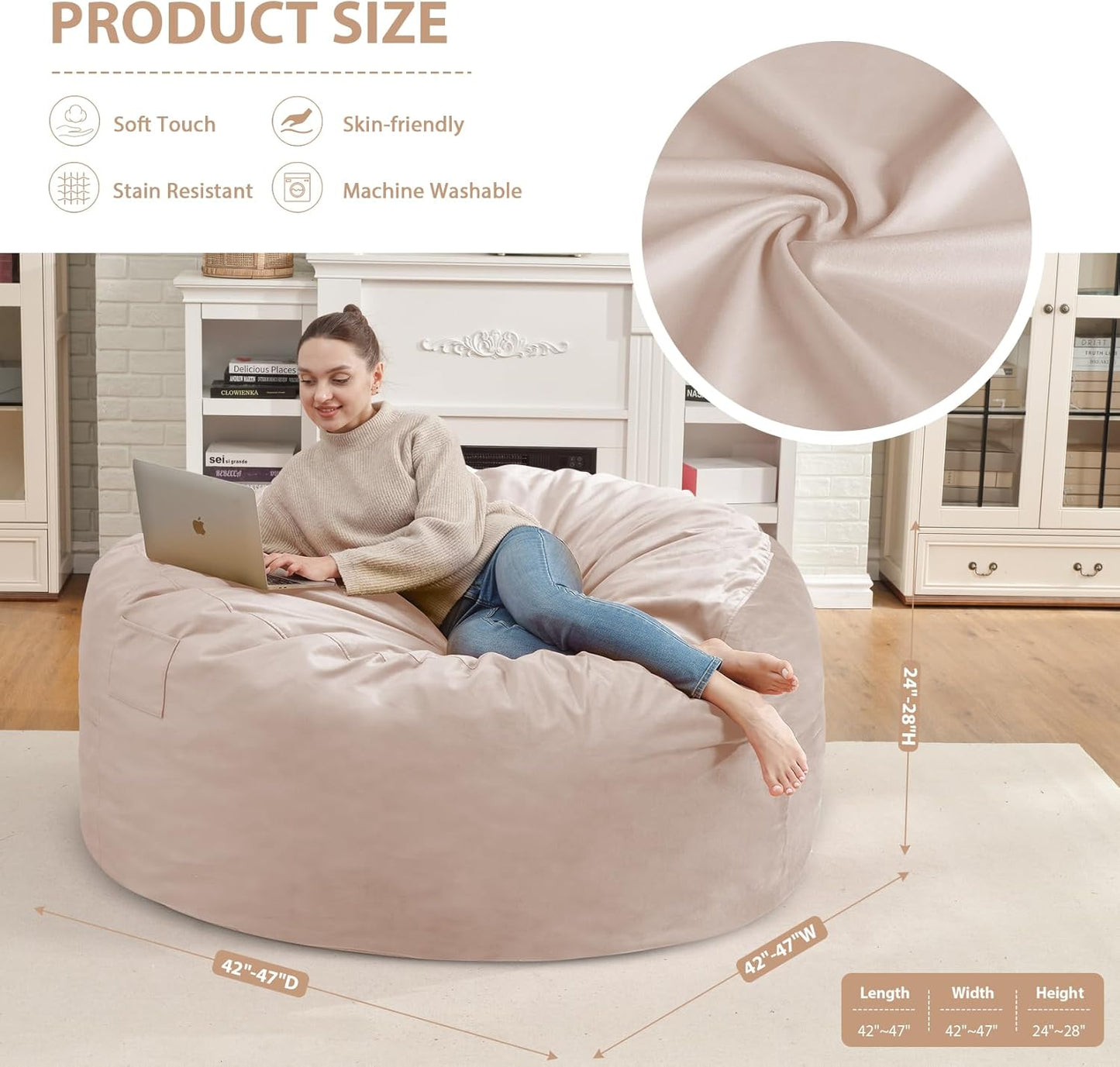 4FT Bean Bag Chair, Large Bean Bag Chairs with Memory Foam Filled, Fluffy Beanbag Sofa with Dutch Velvet Cover, Round BeanBag Chairs for Living Room, Playroom - Beige