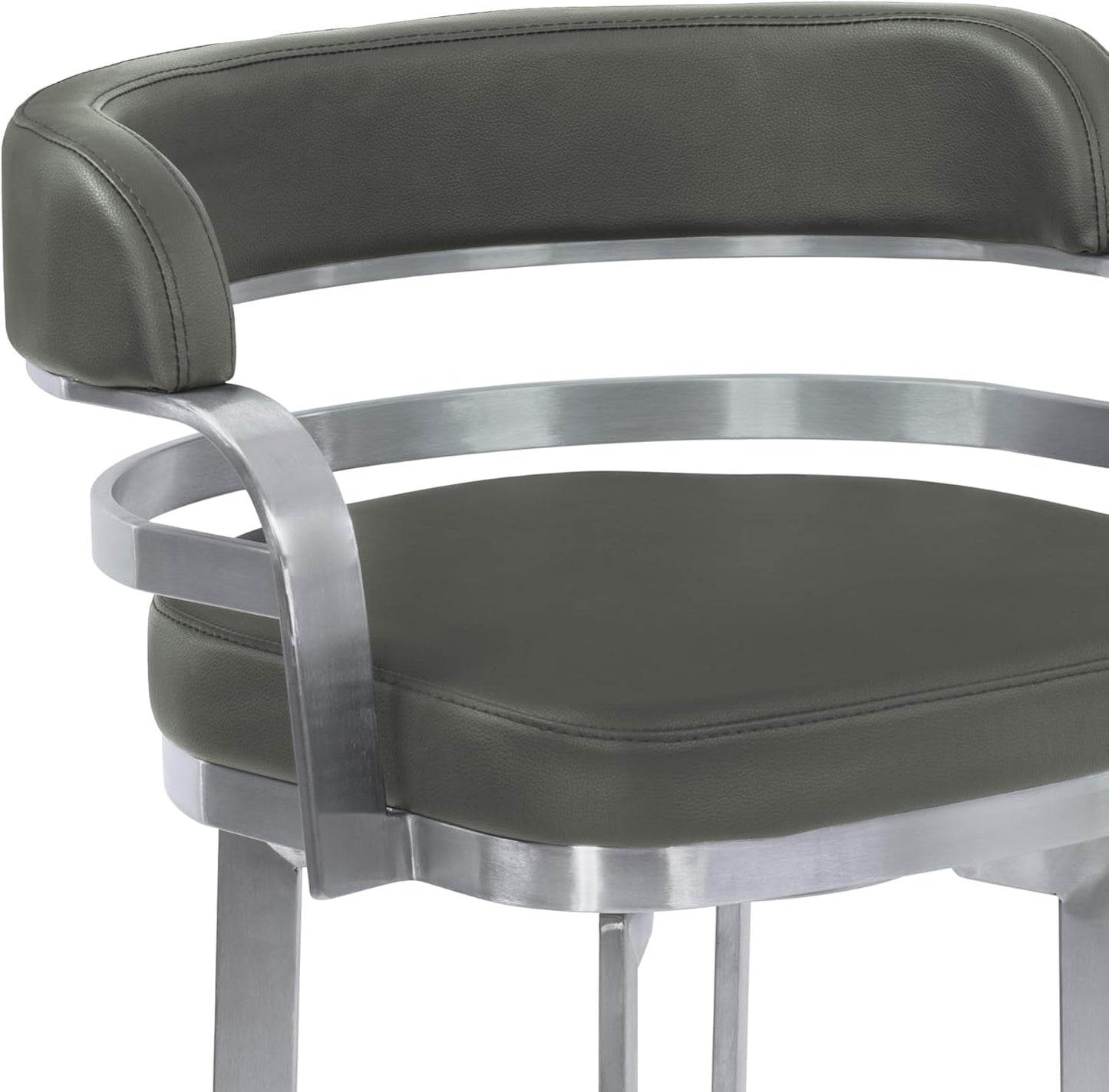 Armen Living Prinz 30" Bar Height Swivel Barstool in Grey Faux Leather and Brushed Stainless Steel Finish
