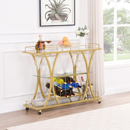 Gold Bar Carts with Glass Holders & Wine Rack,3 Tier Home Bar Serving Carts with Glass Shelves,Metal Rolling Bar Carts for The Home Kitchen, Party