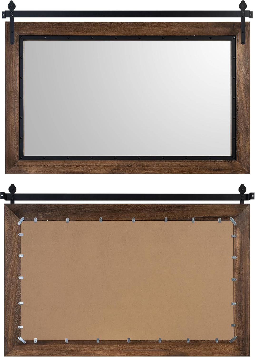 YOSHOOT Farmhouse Barn Door Mirror, 40"x26" Rustic Bathroom Mirror, Wood Frame Wall Mirror, Wooden Mirror for Living Room Bedroom Entryway Wall Décor, Horizontal Hanging ONLY