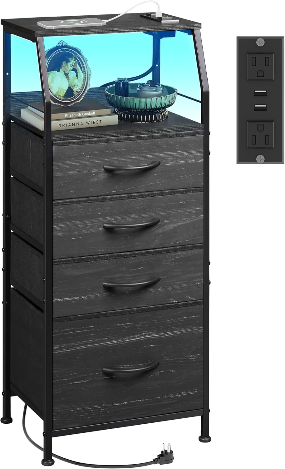 WLIVE Nightstand with Charging Station, Black Night Stand with LED Light, Tall 4 Drawer Dresser for Bedroom, 37" H Bedside Table with Fabric Storage Bins, Open Wood Shelf, Metal Frame