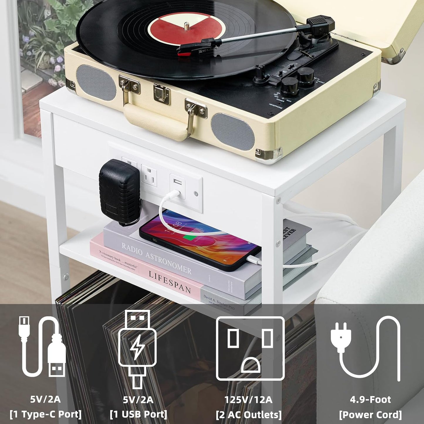 LELELINKY White Night Stand with Charging Station and LED Lights, Record Player Stand with USB Port and Type-C Port, 3 Tier Side Table with Vinyl Storage Shelf, End Tables for Bedroom Small Spaces