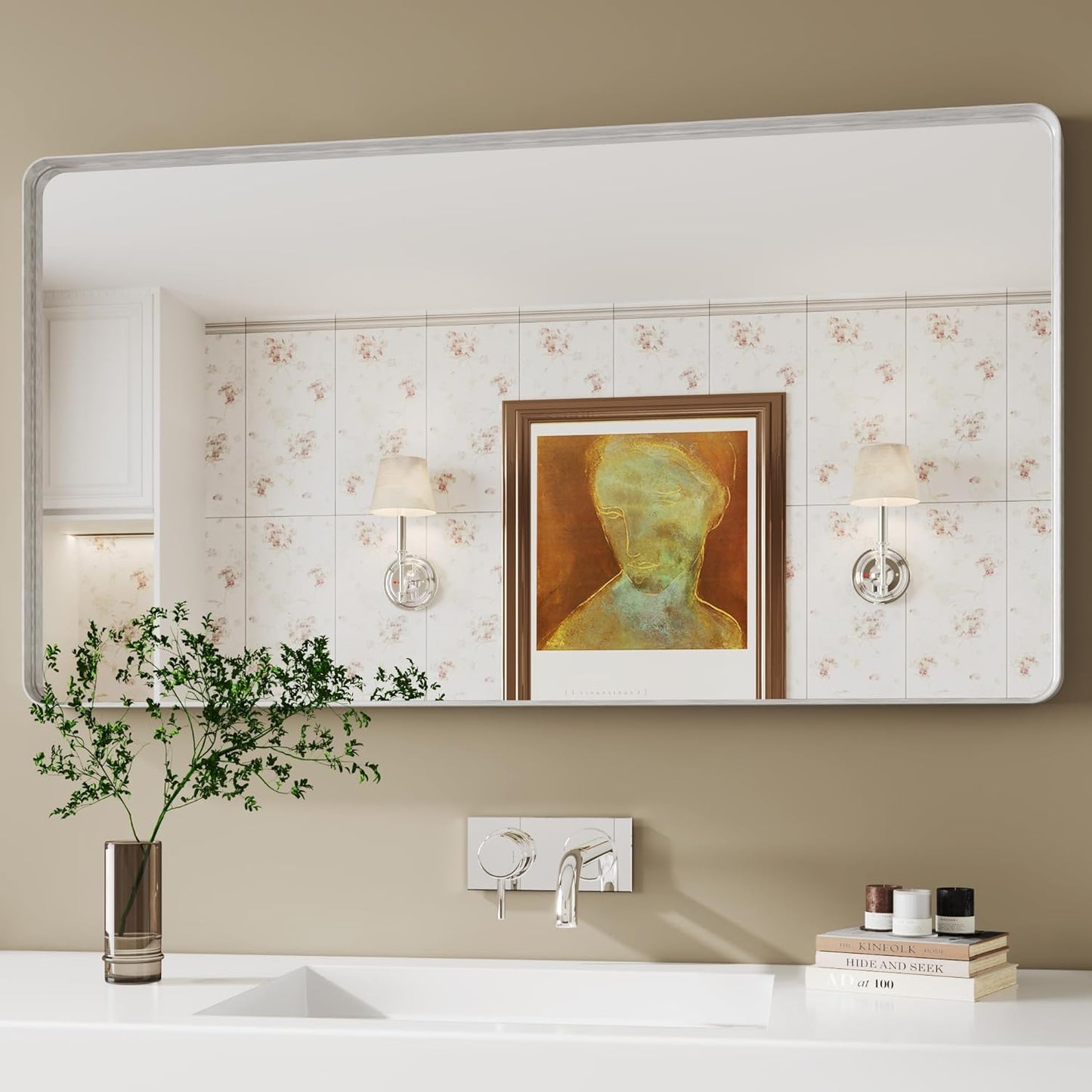 30x55 Silver Bathroom Mirror concave Frame,Wall-Mounted Mirrors,Mirror for Bathroom,Bathroom Mirrors Pair,Bathroom Vanity Mirror,Espejo para baño