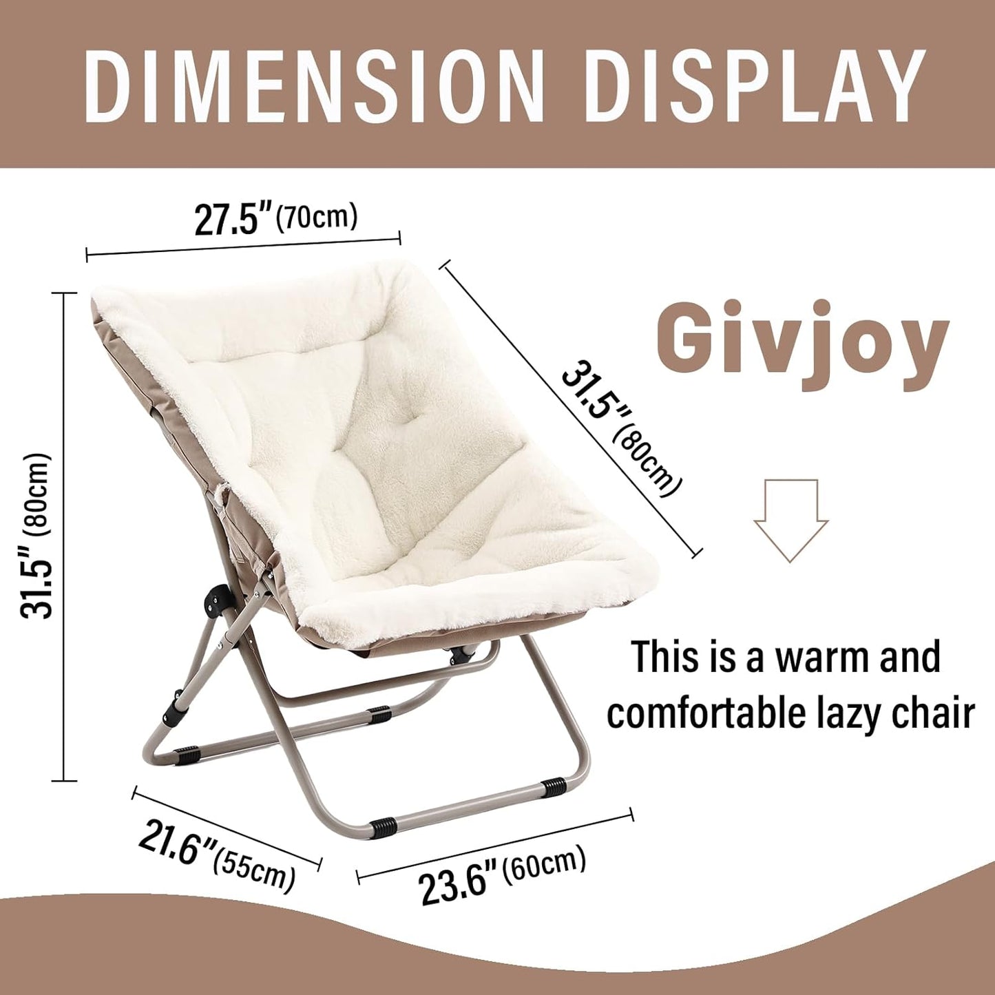 Living Room Chair, Soft Faux Fur Folded Chair Oversized Folding Accent Chair, Furry Lounge Lazy Chair, Metal Frame Moon Chair for Bedroom, Living Room