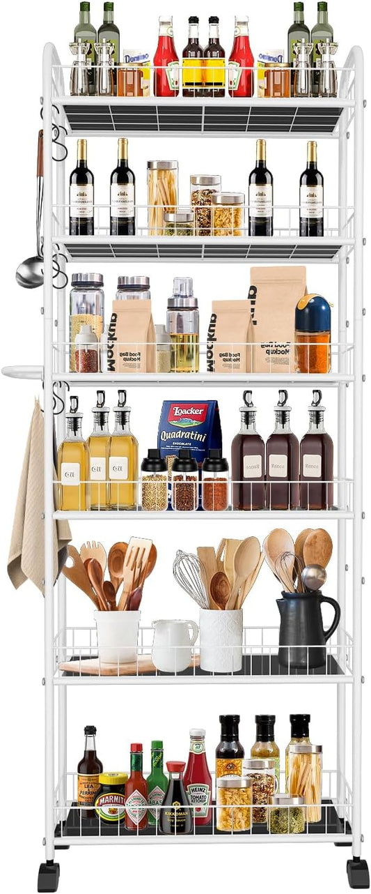 6 Tier 6in Slim Rolling Cart with Handle, White Mobile Shelving Unit with Wheels, Metal Wire Storage Rack with Baskets for Kitchen Bathroom Office Laundry Narrow Piaces