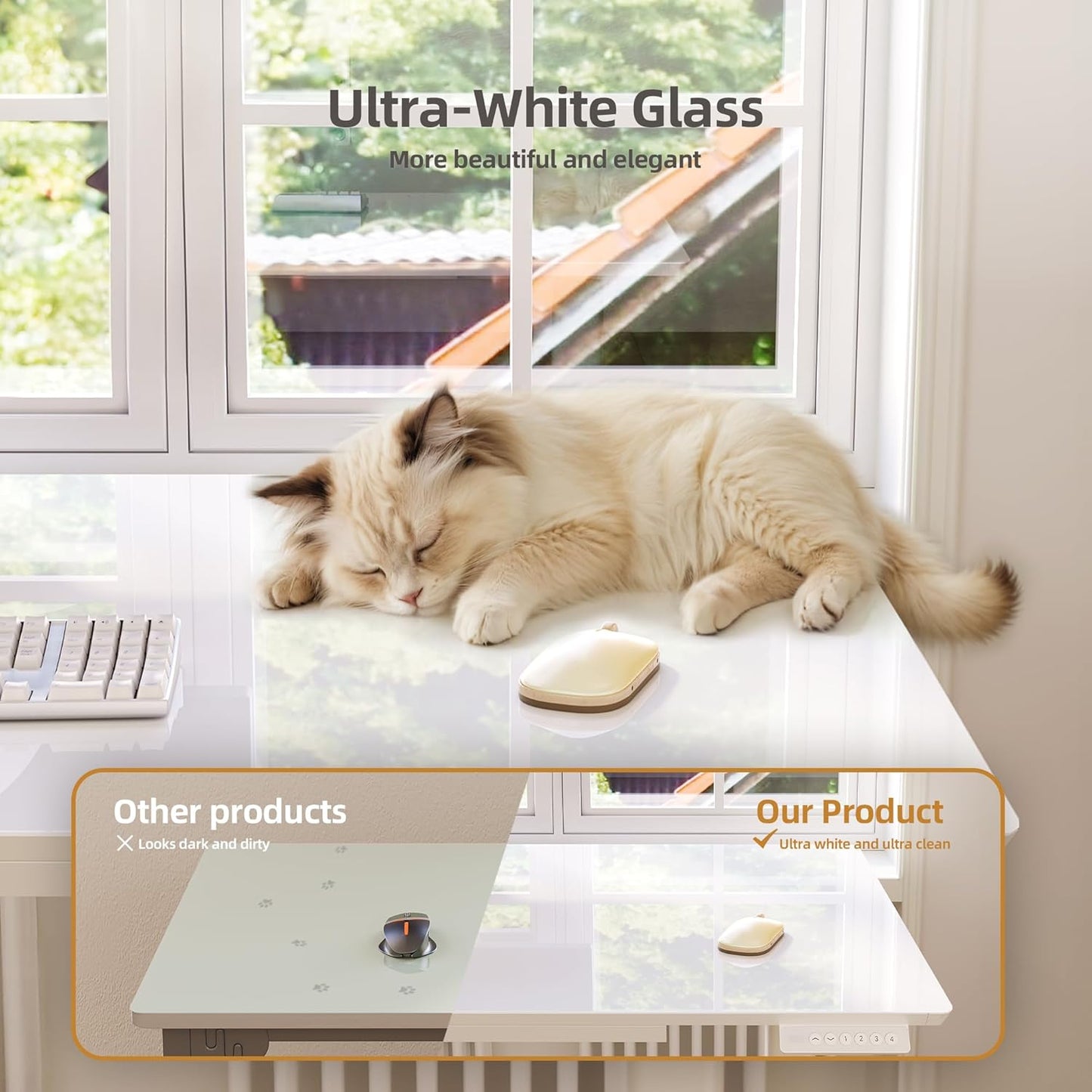 INNOVAR Glass Standing Desk with Drawers, 48×24 Inch Adjustable Stand Up Desk Quick Install Home Office Computer Desk, White