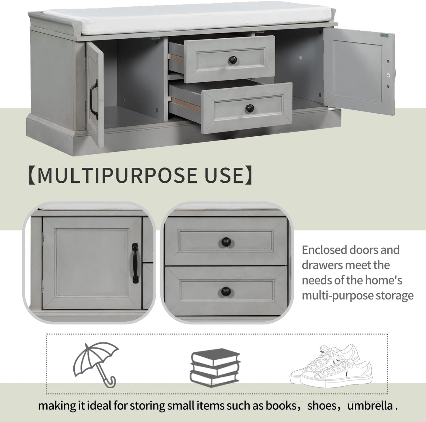 42″ Storage Bench with 2 Drawers and 2 Cabinets，Multipurpose Entryway Shoe Rack W/Removable Cushion，for Living Room Hallway Porch,Gray Wash