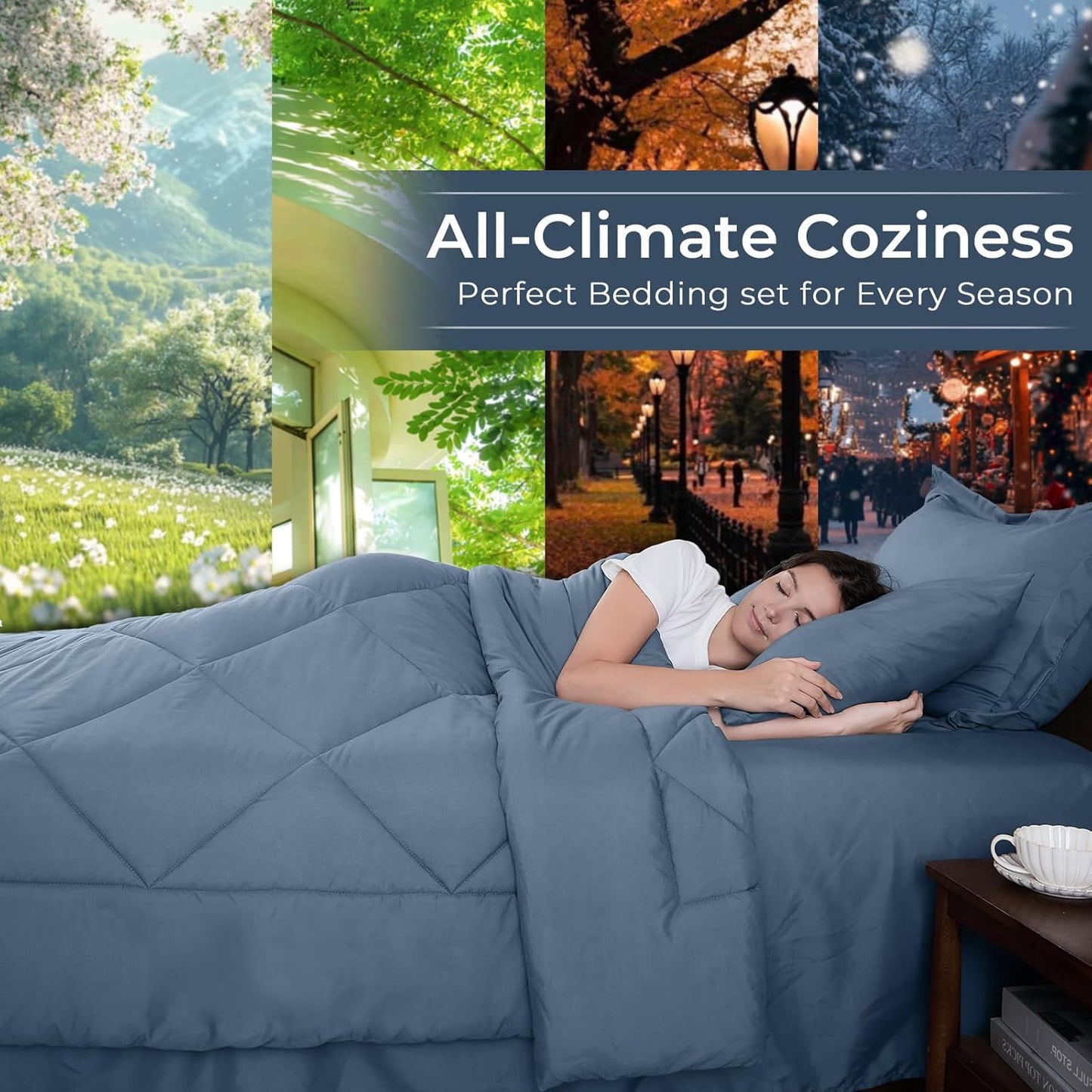 HEVUMYI Dusty Blue Full Comforter Set - 7-Piece All Season Bed in a Bag Full, Ultra Soft Bedding Set with Comforter, Flat Sheet, Fitted Sheet, Pillowcases, Pillow Shams