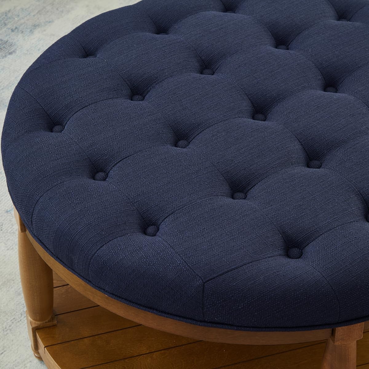 24KF Upholstered Round Coffee Table with Wooden Shelf, Tufted Button Large Round Ottoman with Spindle Wooden Legs, Linen Large Footrest Ottoman Pouf for Living Room, Navy Blue