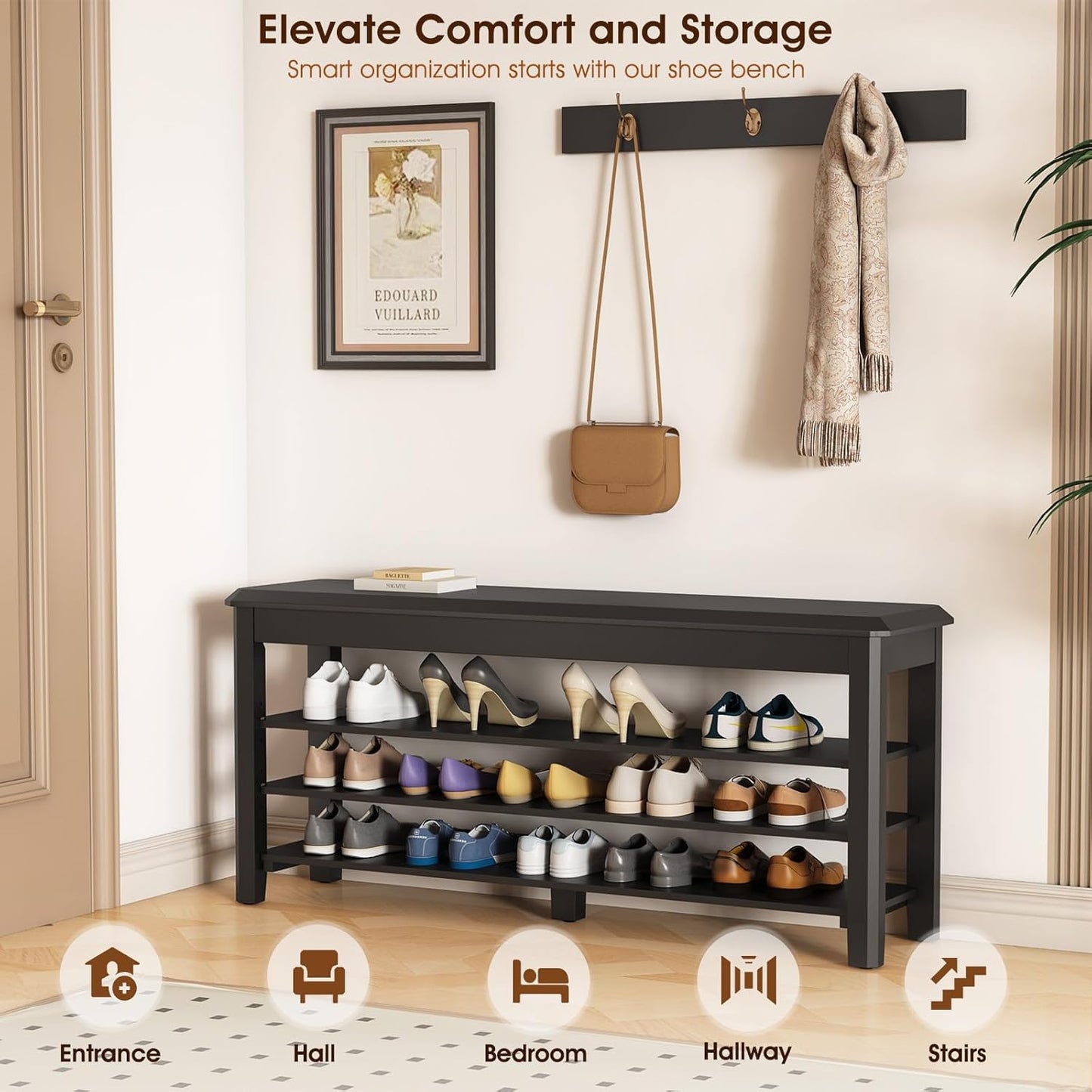 Shoe Rack Bench Seat Rubberwood 3-Tier Wooden Storage Bench 550lbs Compact Mid-Century Modern Design for Entryway, Hallway, Closet, Front Door Entrance, Foyer