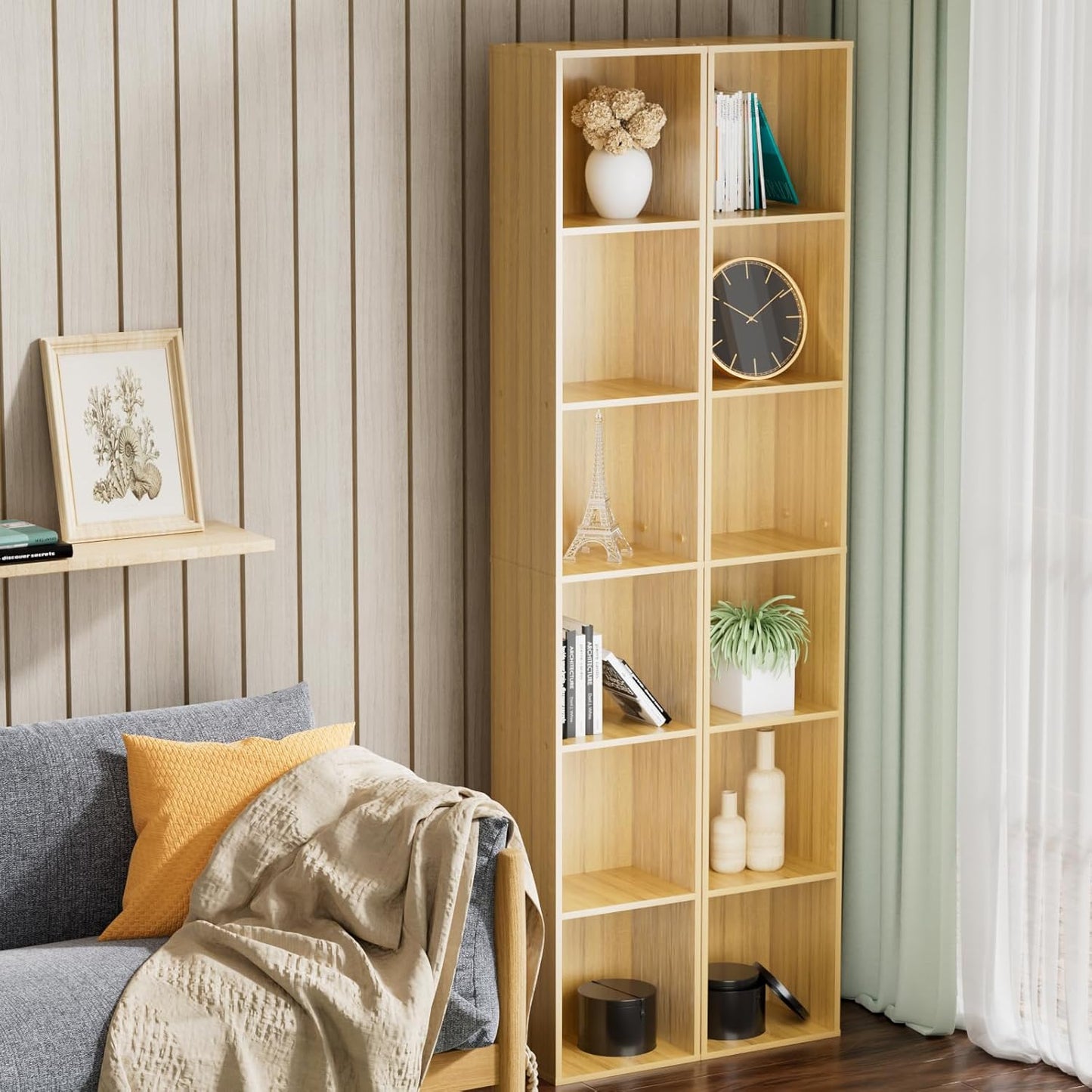 Tall Narrow Bookshelf 6-Tier Bookcase,70.5" Skinny Thin Corner Shelf Slim Storage Cabinet,Wood DVD CD Media Cube Organizer Tower Rack for Small Spaces, Bedroom, Living Room, Office,Natural