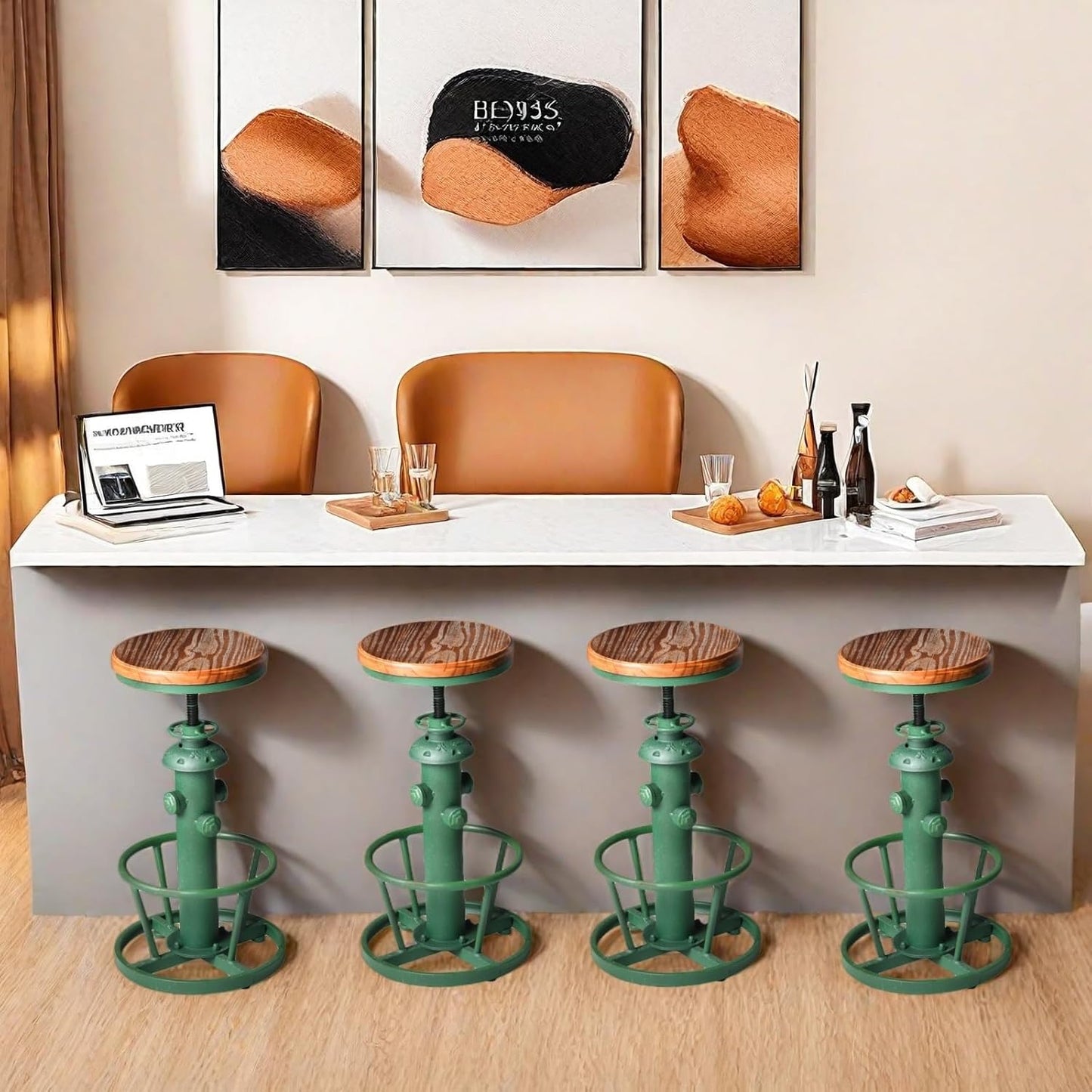 Vintage Bar Stool 24.8-30inch Counter Height Adjustable Industrial Coffee Chair with Swivel Wooden Seat Farmhouse Dinner Stools in Kitchen Dining Room