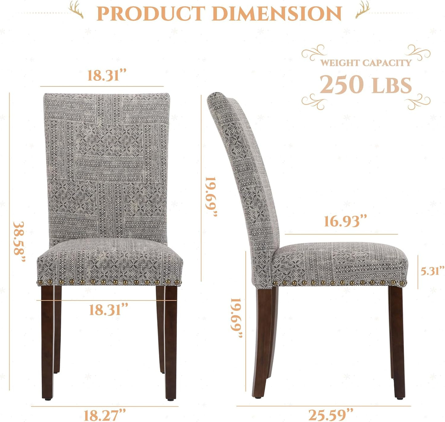 Parsons Dining Chairs Set of 2, Upholstered Nailhead Dining Room Kitchen Side Chair with Thick Cushions and Wood Legs, Black/White