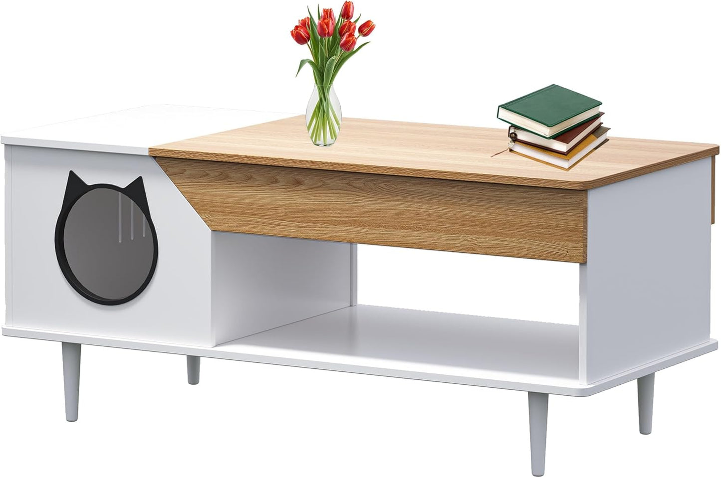 GAOMON White Coffee Table 45'' Cat Living Room Tables with Storage Drawer, Wooden Rustic Coffee Table with Cat House, Multifunctional Hidden Kitty Litter Box Furniture