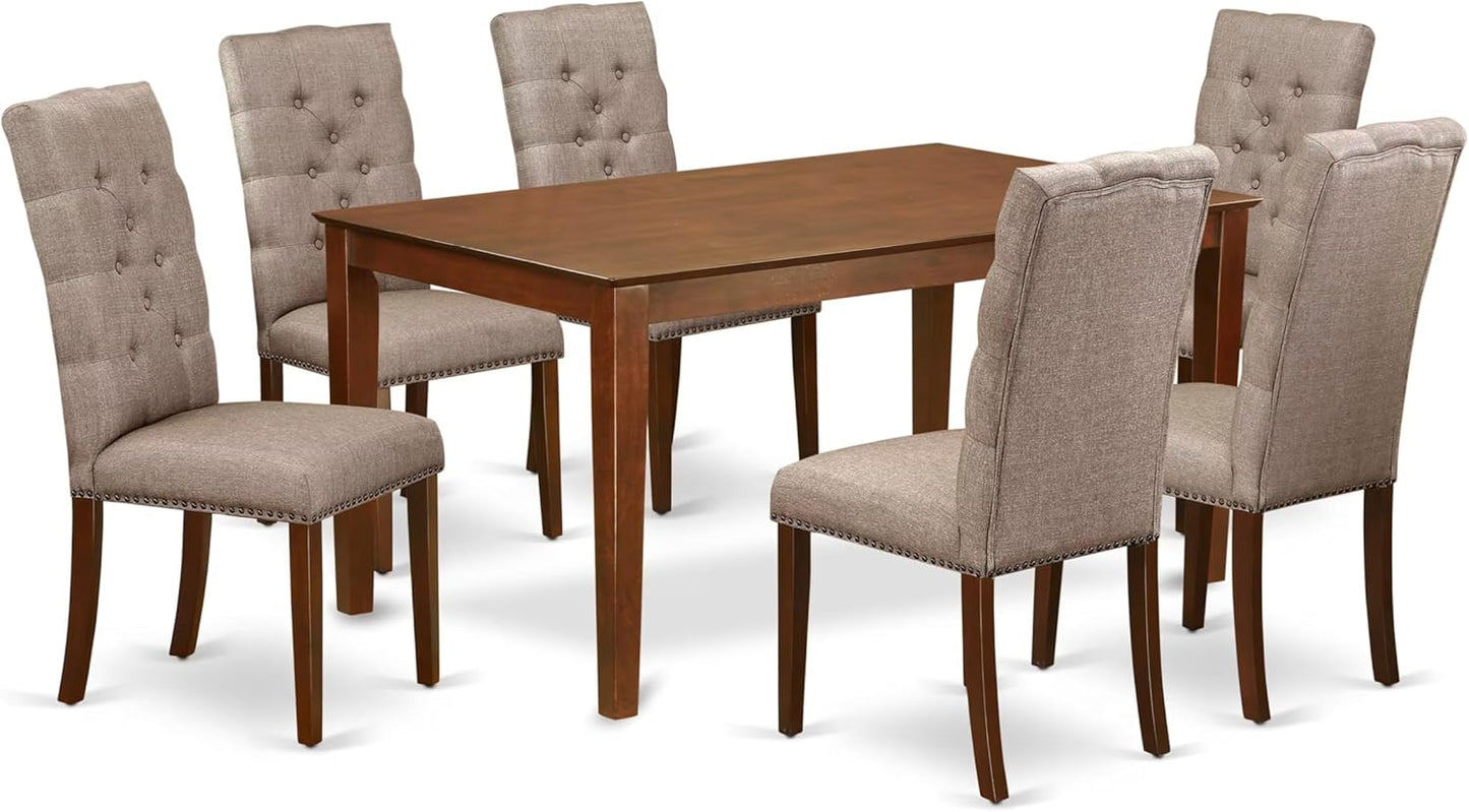East West Furniture CAEL7-MAH-16 7 Piece Dining Room Table Set Consist of a Rectangle Wooden Table and 6 Dark Khaki Linen Fabric Upholstered Parson Chairs, 36x60 Inch, Mahogany