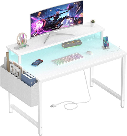 Lufeiya Small White Desk with LED Lights and Power Outlets, 32 Inch Home Office Computer Desks with Monitor Stand, Teen Writing Study Table Gaming Desk with Charging Station, White
