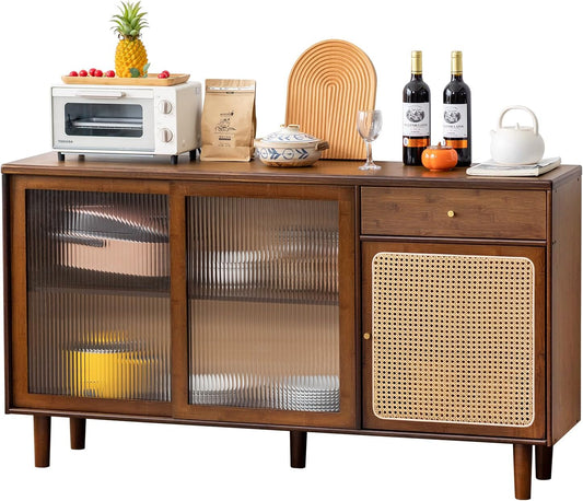 Tiita Bamboo Sideboard Buffet Cabinet, Rattan Kitchen Storage Cabinet with Drawer, Boho Coffee Bar Tables for Kitchen Hallway Office, Walnut