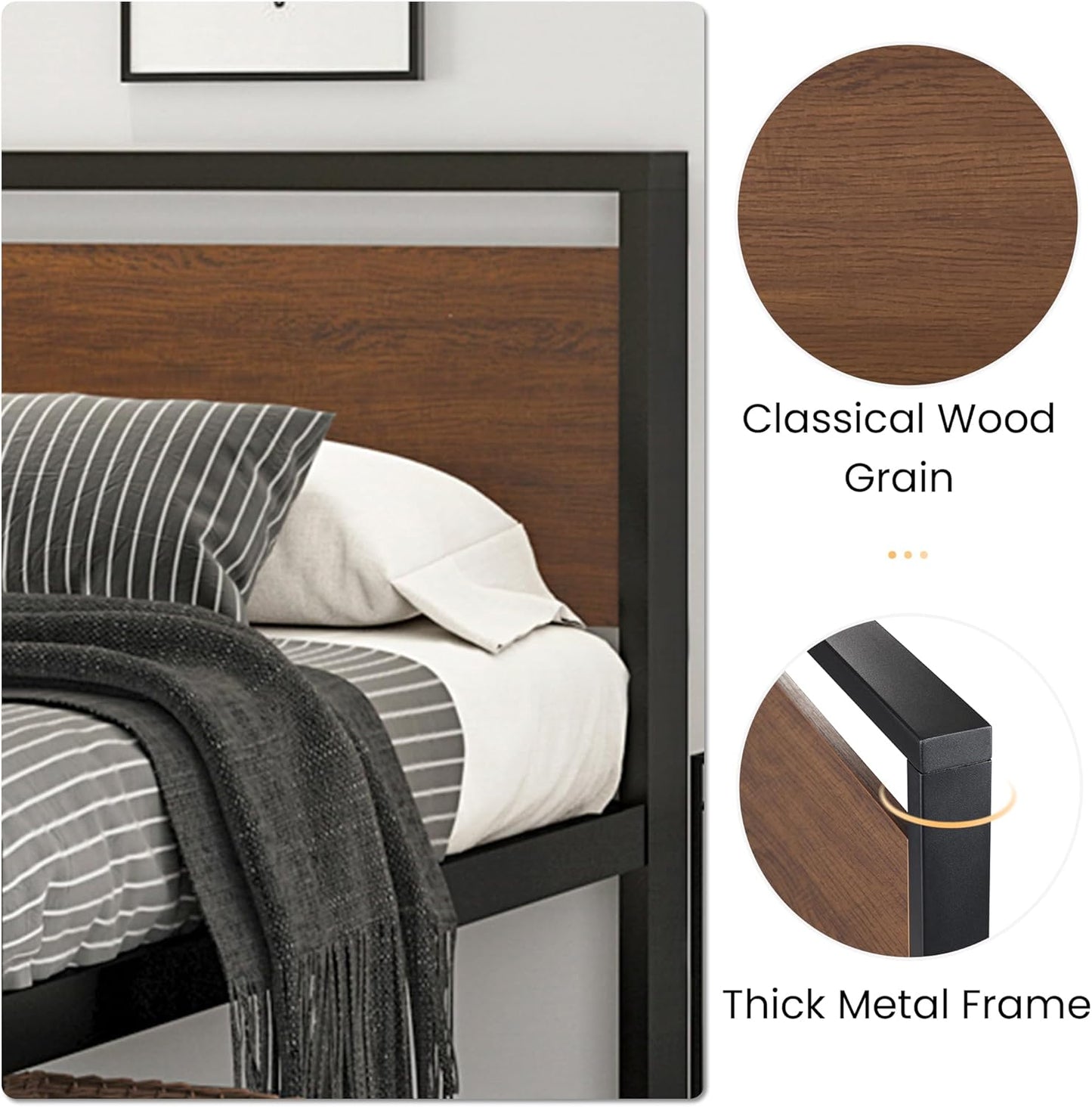 SHA CERLIN 14 Inch Full Size Metal Platform Bed Frame with Wooden Headboard and Footboard, Mattress Foundation, No Box Spring Needed, Large Under Bed Storage, Non-Slip Without Noise, Walnut