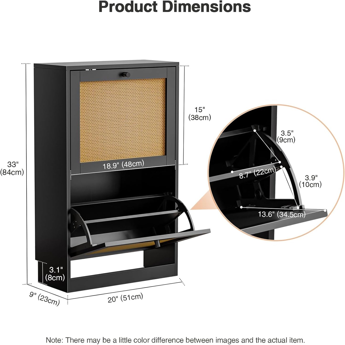 Rattan Shoe Cabinet for Entryway Slim, Entrance Shoe Cabinet with Flip Drawers Narrow, 2 Tier Hidden Shoe Organizer for Foyer, Dorm, Small Space, Black