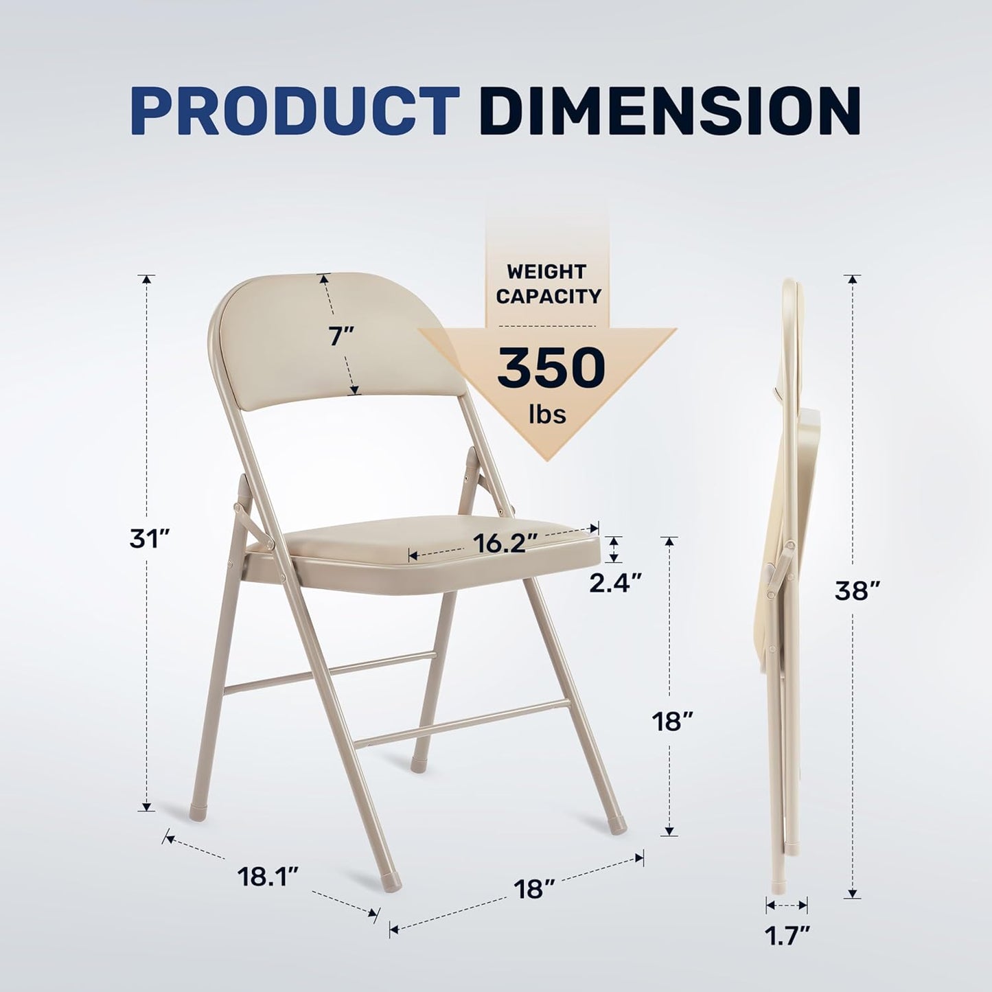 HealSmart 2 Pack Folding Chairs with Leather Padded Cushion Seats & Durable Metal Frame, Comfortable, Foldable, Portable, Commercial Event Seat, Indoor Outdoor for Home, Parties, Office, Kahki