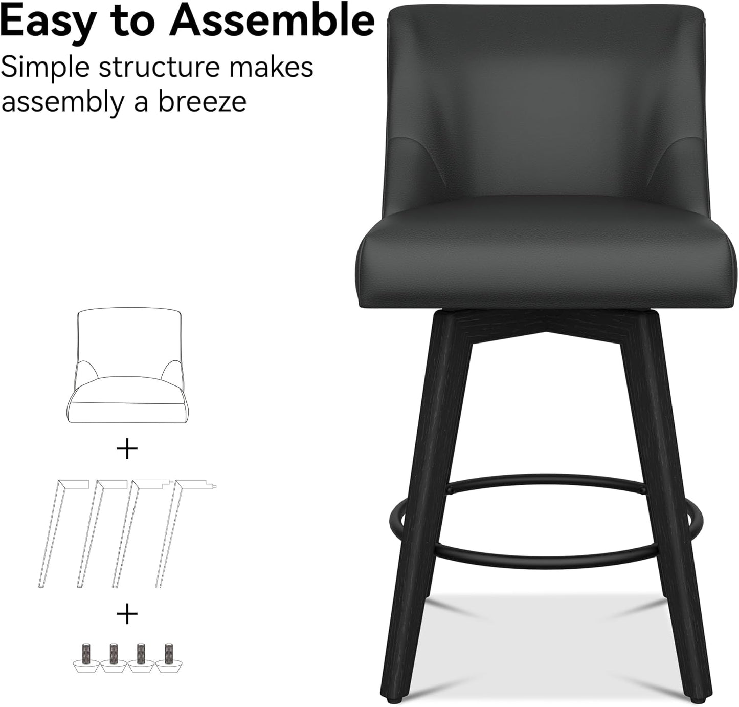 Counter Height Bar Stool, Modern Swivel Barstools with Back and Wood Leg, Faux Leather Upholstered Counter Height Stool, 26" H Kitchen Counter Stool, Kitchen Island Home Bar, Black Grey