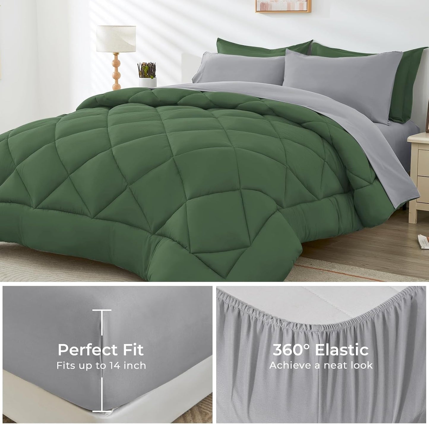 HEVUMYI Queen Comforter Set - 7-Piece All Season Bed in a Bag Queen, Ultra Soft Bedding Set with Comforter, Flat Sheet, Fitted Sheet, Pillowcases, Pillow Shams, Green & Light Grey