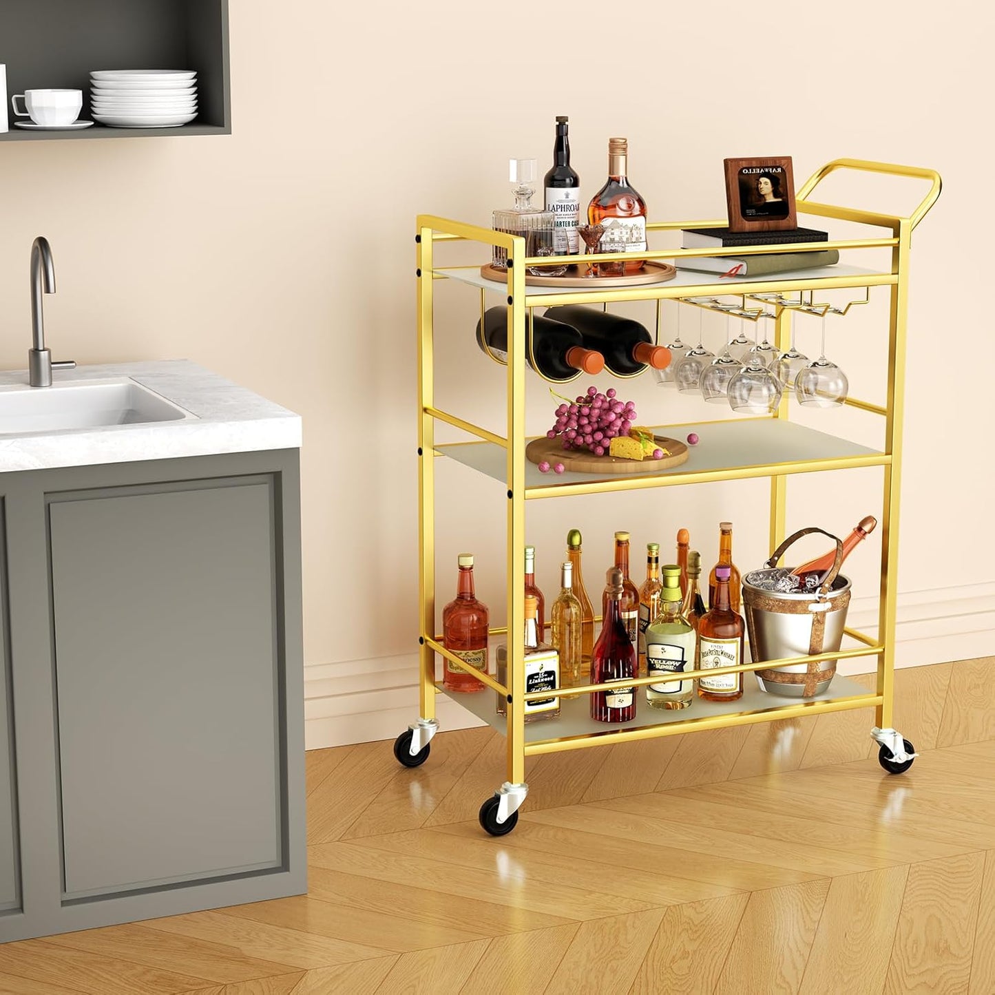Gold Bar Cart, Serving Cart for Home, Rolling Beverage Cart with Wheels, Wine Cart, 3-Tier Drink Carts with Wine Rack, Glass Holder, Stylish Glass Shelf, for Kitchen, Living Room