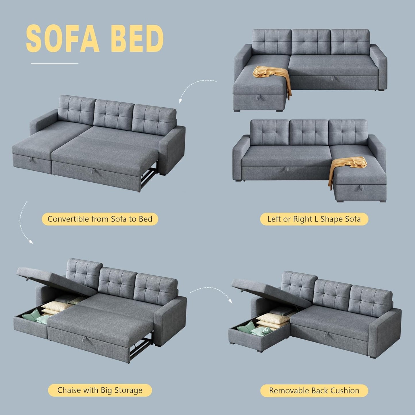 Ball & Cast L-Shape Reversible Sectional Sleeper Sofa Bed,Linen Upholstered 4 in 1 Pull Out Couch with Storage Chaise & Removable Back Cushions,Convertible Corner Sectionals for Living Room,Office