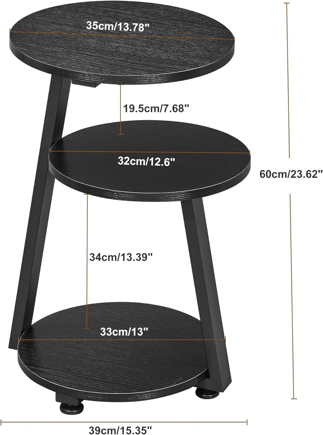 BEWISHOME Round End Table Side Table with Metal Frame, Accent Nightstand Bedside Table with 3-Tier Shelves, Small Couch Table for Living Room Bedroom Black KTZ41B