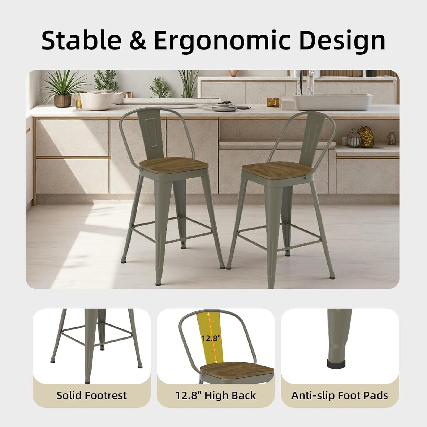 Metal Bar Stools Set of 4, High Back Bar Stools with Wooden Seat, 24 inch Rusty Barstools for Kitchen Island