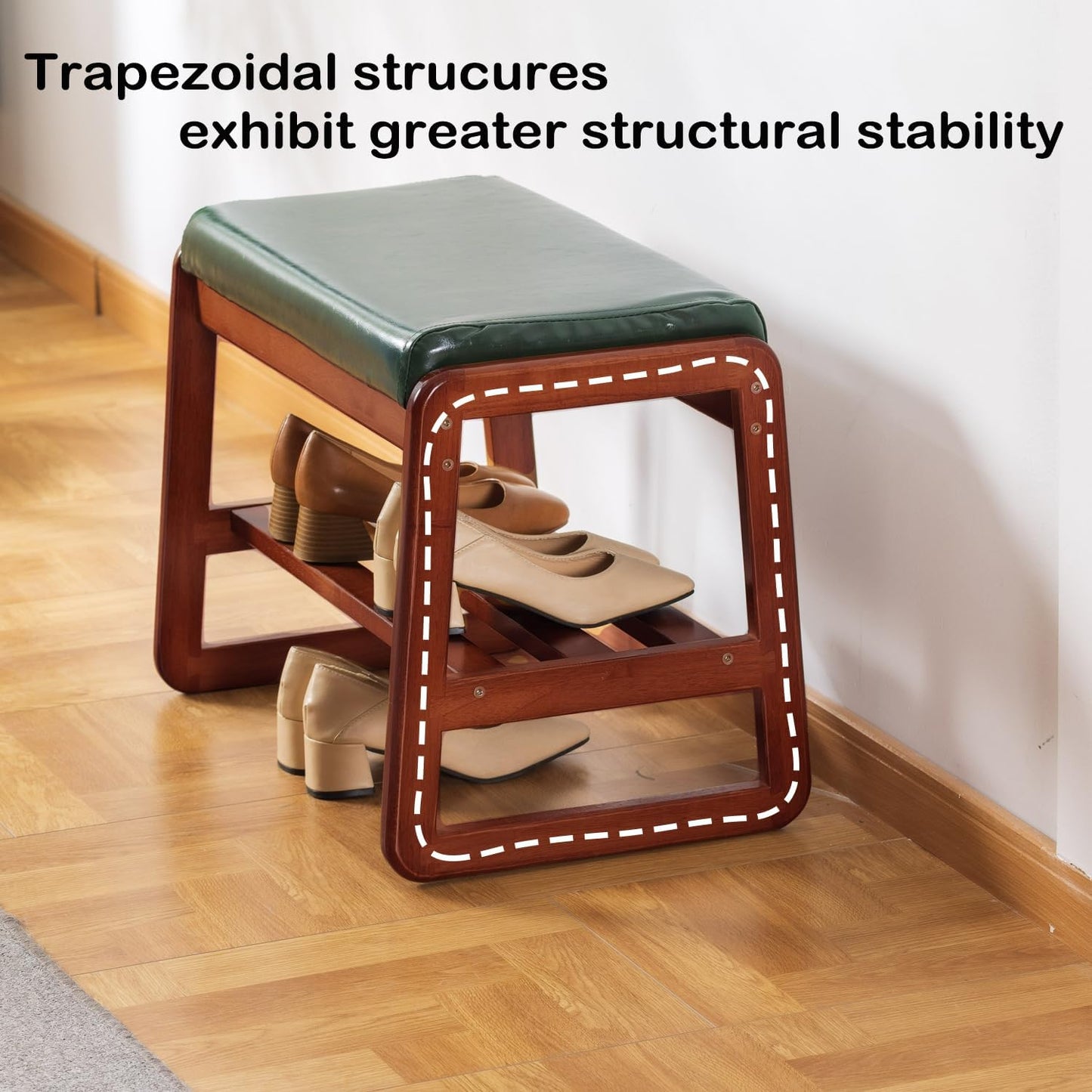 Shoe Rack Bench, Solid Wood Entryway Bench, Shoe Bench with Cushion Padded Seat for Entry, Hallway (Green-21.65")