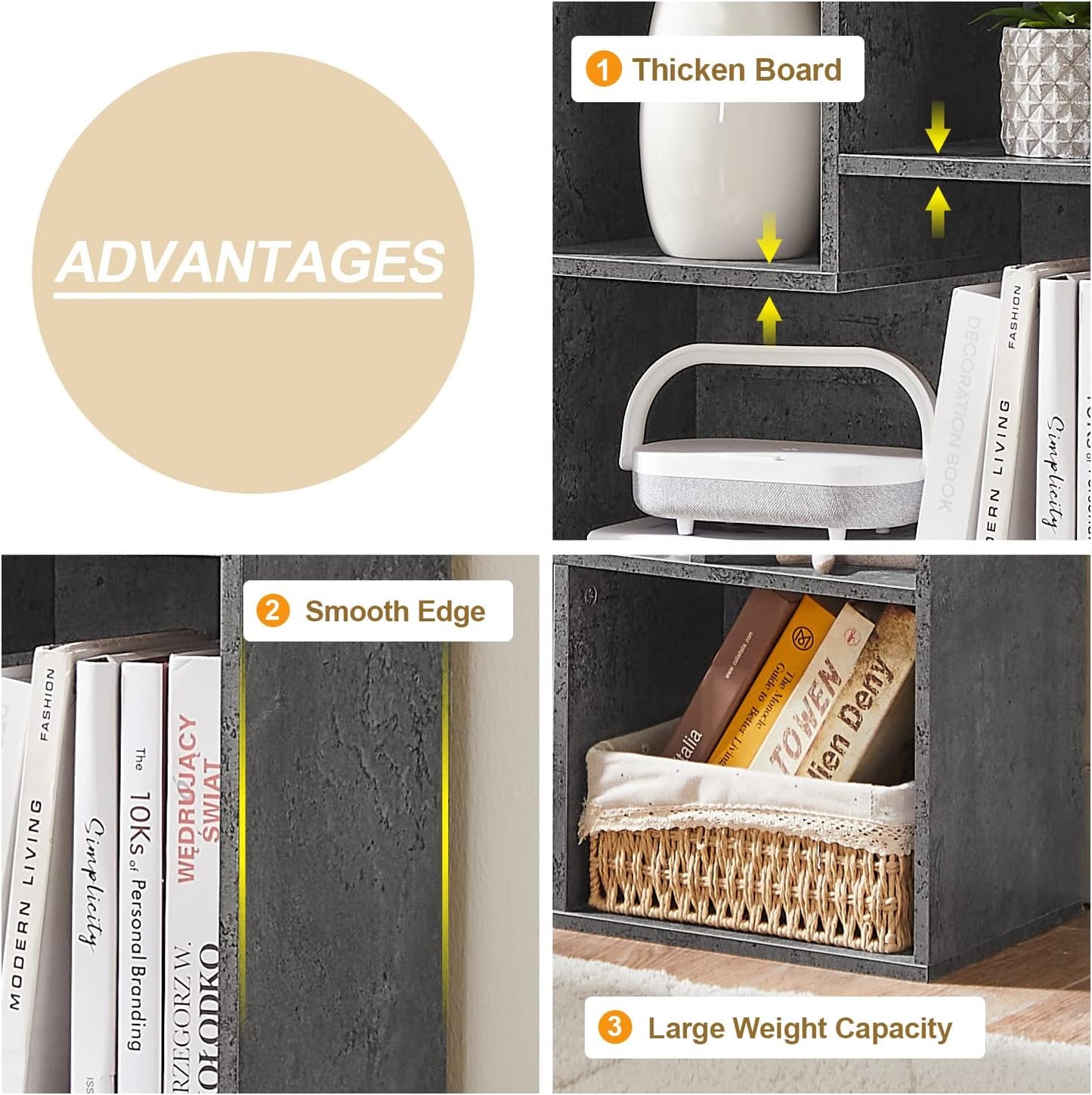 VECELO 42 Inch High Bookcase, 4-Tier Modern Storage Cabinet with Height Difference Shelves for Standard Textbooks, Floor Standing Display, 7 Cubes, Horizontal Avaiable, Easy Assembly, Grey