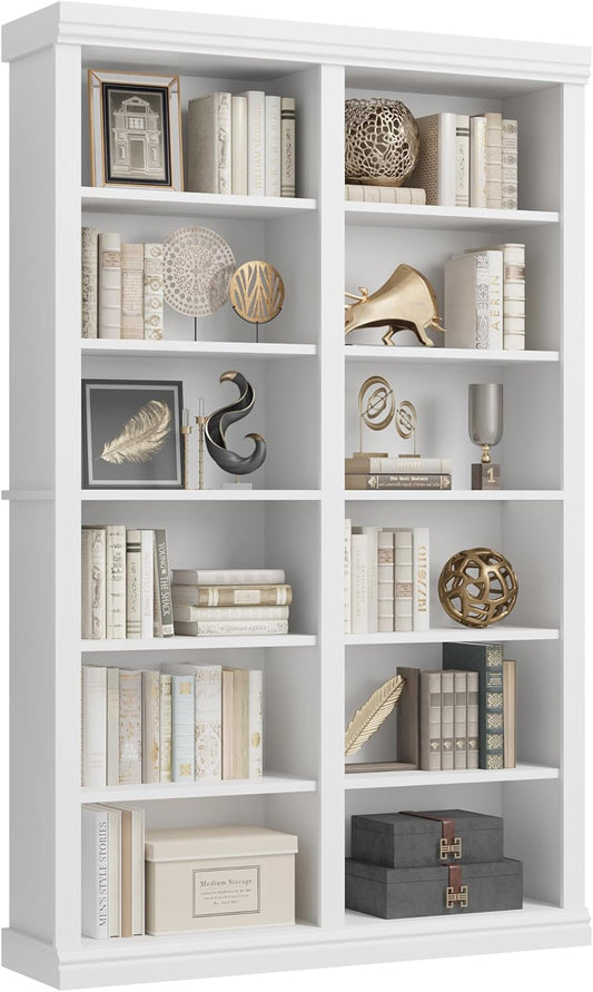 74.5" Tall Bookshelf with Double Storage, Extra Large Bookshelf, 6-Tier Double Wide Bookshelves w/ 12 Cubbies, Wide Freestanding Bookcases for Livingroom Office Library (White)