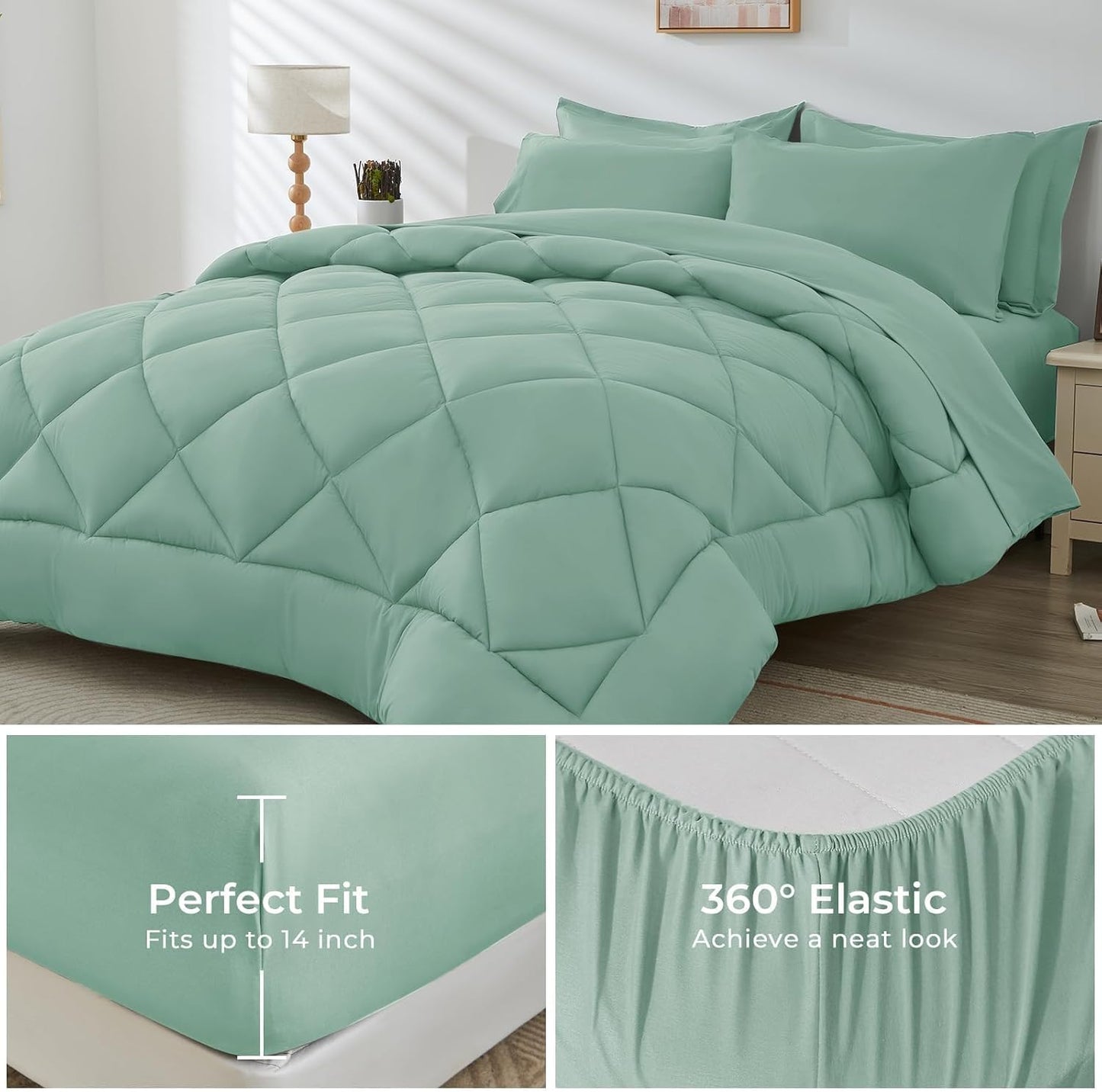 HEVUMYI Sage Green Full Comforter Set - 7-Piece All Season Bed in a Bag Full, Ultra Soft Bedding Set with Comforter, Flat Sheet, Fitted Sheet, Pillowcases, Pillow Shams, Sage Green