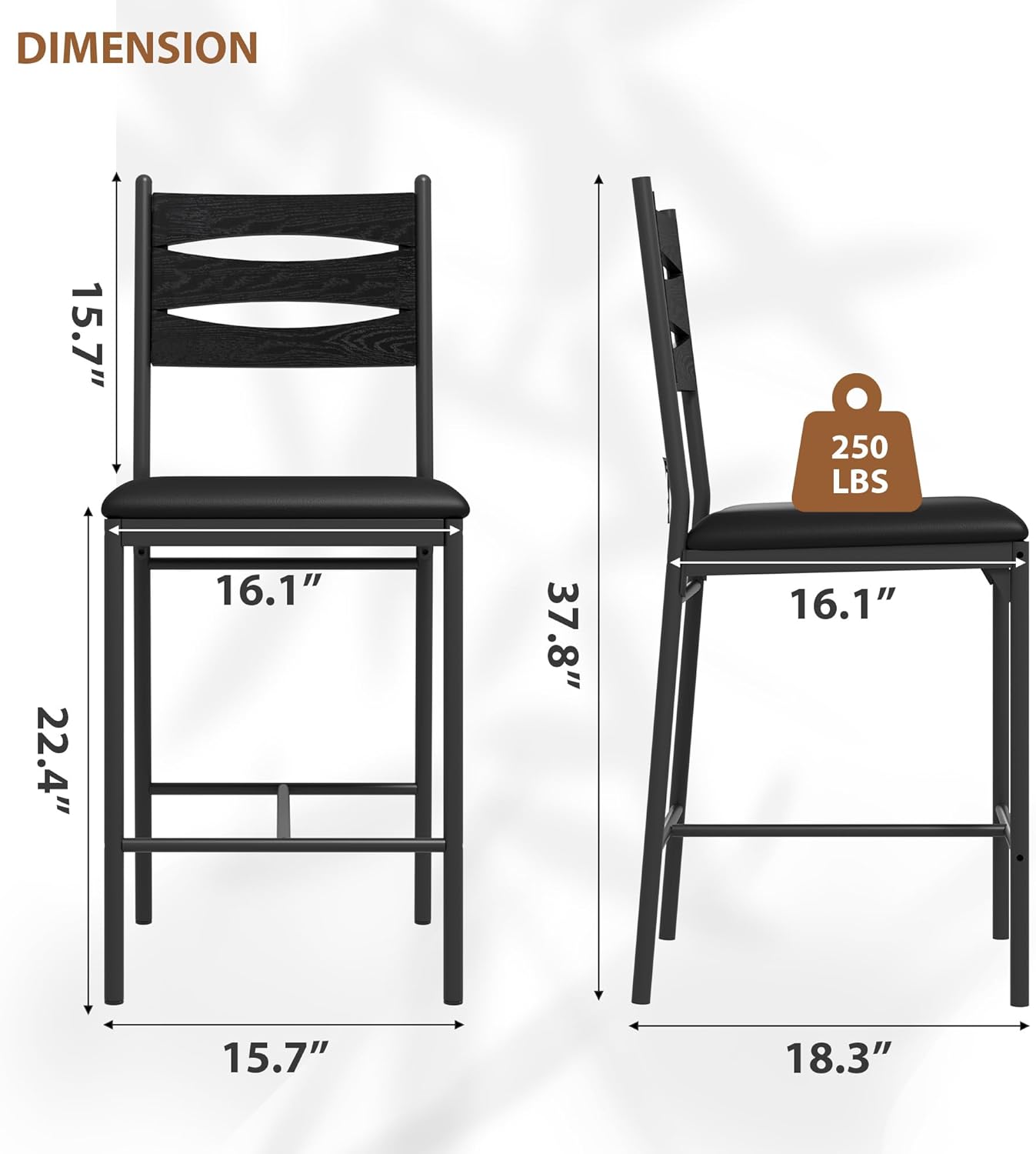 GarveeHome Bar Stools Set of 4, Wooden Barstools, Faux Leather Upholstered Bar Chair with Back & Footrest & Thick Cushion, Counter Height Bar Stools for Kitchen Island Apartment, Black