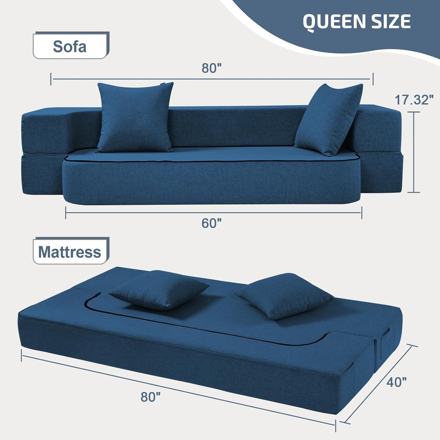 2-in-1 Folding Sofa Bed with Pillows - Folding Chair Floor Couch & Sleeping Mattress - Washable Cover & Memory Foam Sleeper Chair for Living Room/Guest Room/Apartment/Loft, Navy Blue, Twin XL