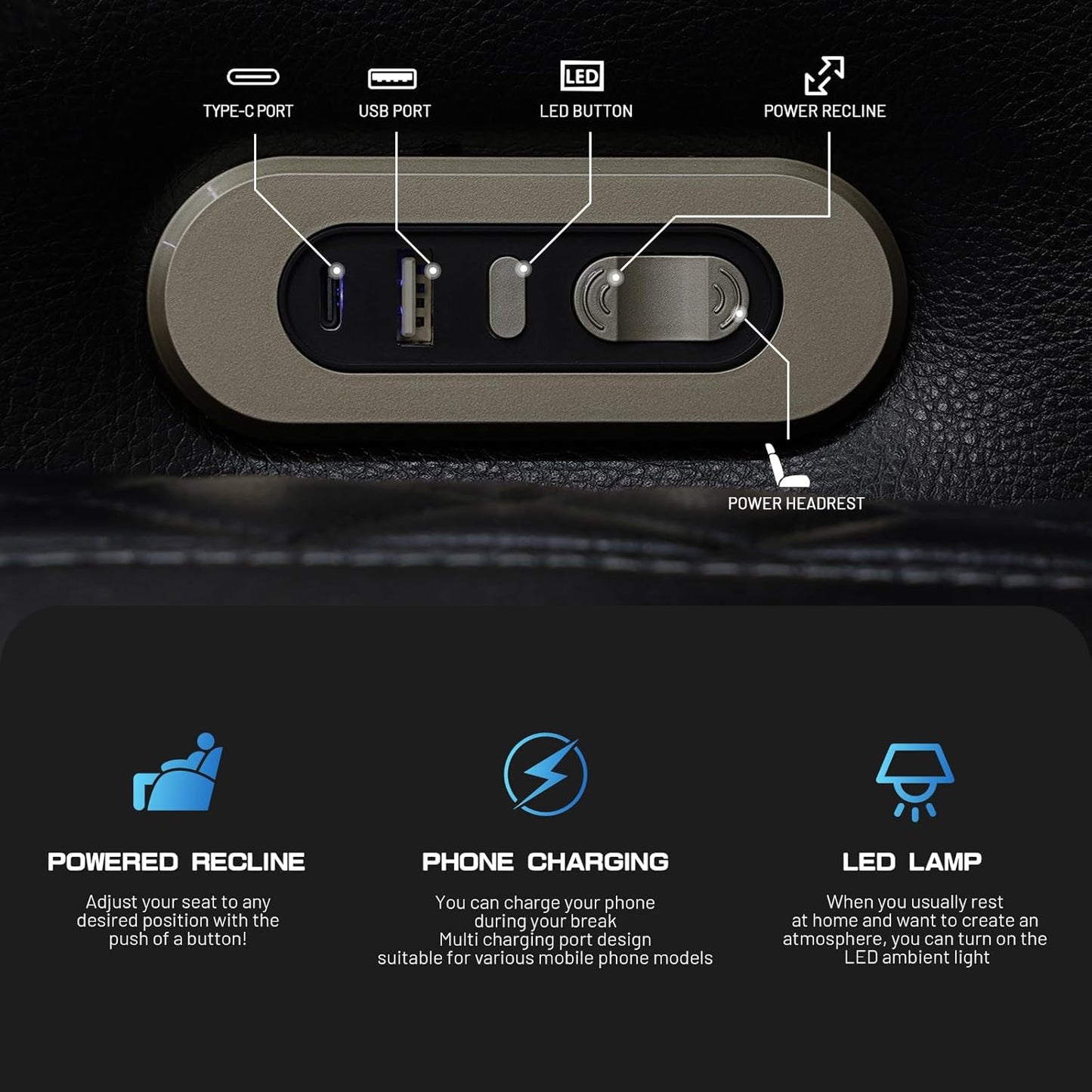 3+2+1 PU Leather Power Sectional Sofa Set, Living Room Furniture, Reclining Couch, Loveseat, Chair with LED Light/USB Ports/Storage Armrests/Center Console/Cup Holders/Wireless Chargers/Coffee Table