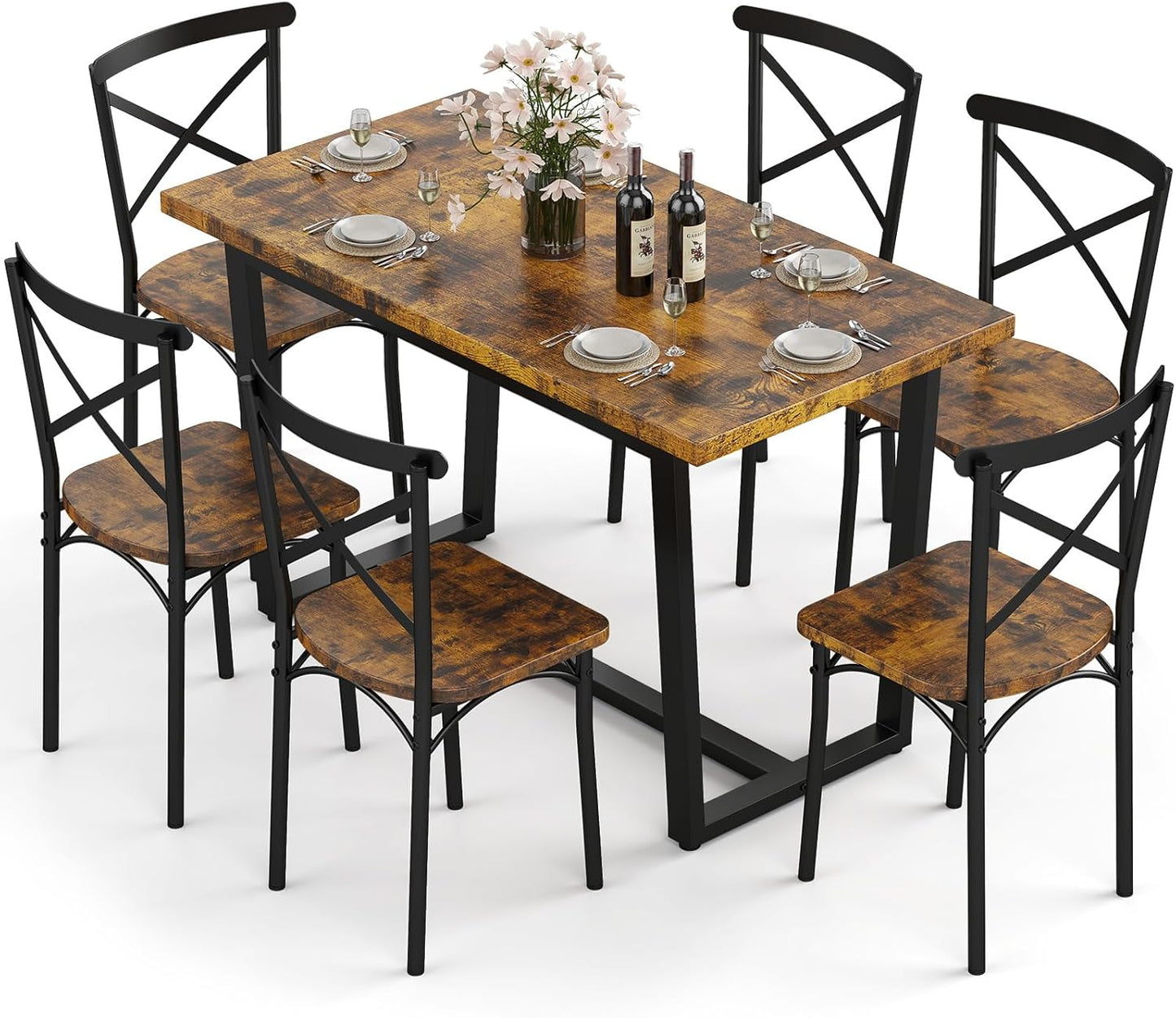 7-Piece Dining Table with Chairs Set, Rectangular Metal Frame Table with 6 Chairs, Modern Table Furniture Set for Kitchen, Dining Room and Living Room, Brown