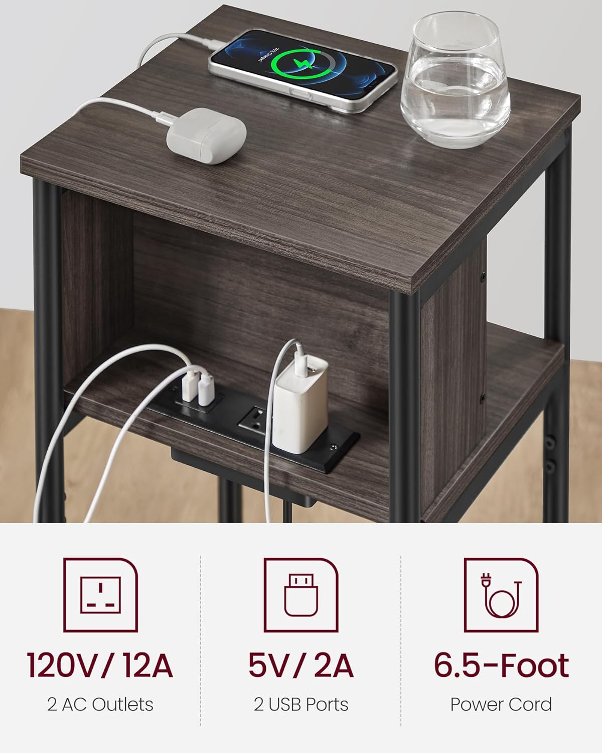 VASAGLE Side Table with Charging Station, 3-Tier End Table with USB Ports and Outlets, Nightstand for Living Room, Bedroom, 11.8 x 13.4 x 22.8 Inches, Plug-in Series, Chestnut Brown and Black